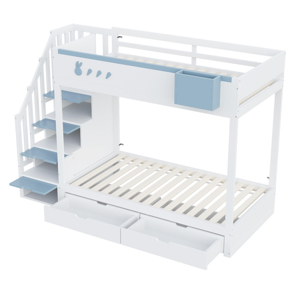 ETAGENBETT 90/200 cm mit Stauraumleiter, Schubladen und abnehmbarem Regal, Weiß, Blau - Weiß, Holzwerkstoff (90/200cm) - Redom