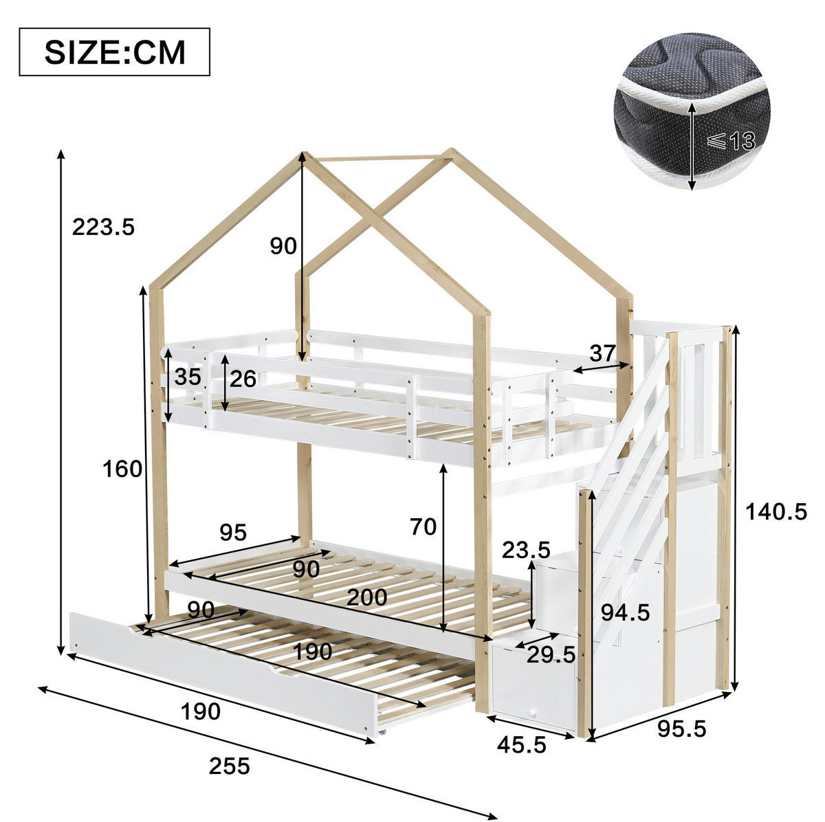 HAUSBETT 90/200 cm mit Ausziehbett 90/190 cm, Natur/Weiß, mit Treppe und Stauraum - Weiß, Holz (90/200cm) - Flora Grace