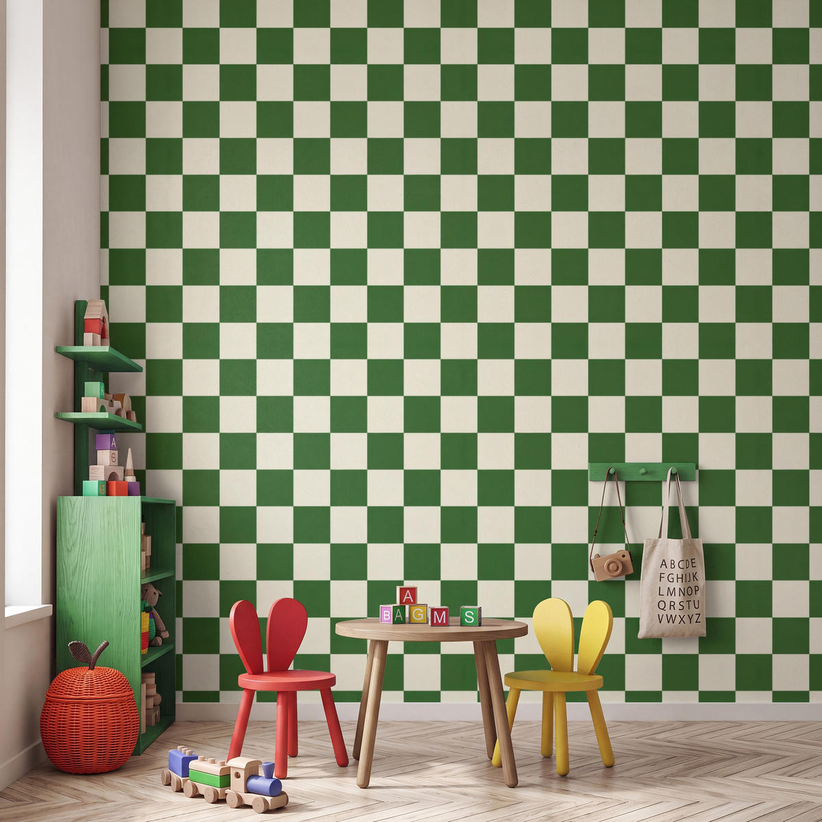 KINDERTAPETE - Schachbrett - Muster - Grün - 280x280 cm - Grün, Papier (280/280cm) - OnlyWow