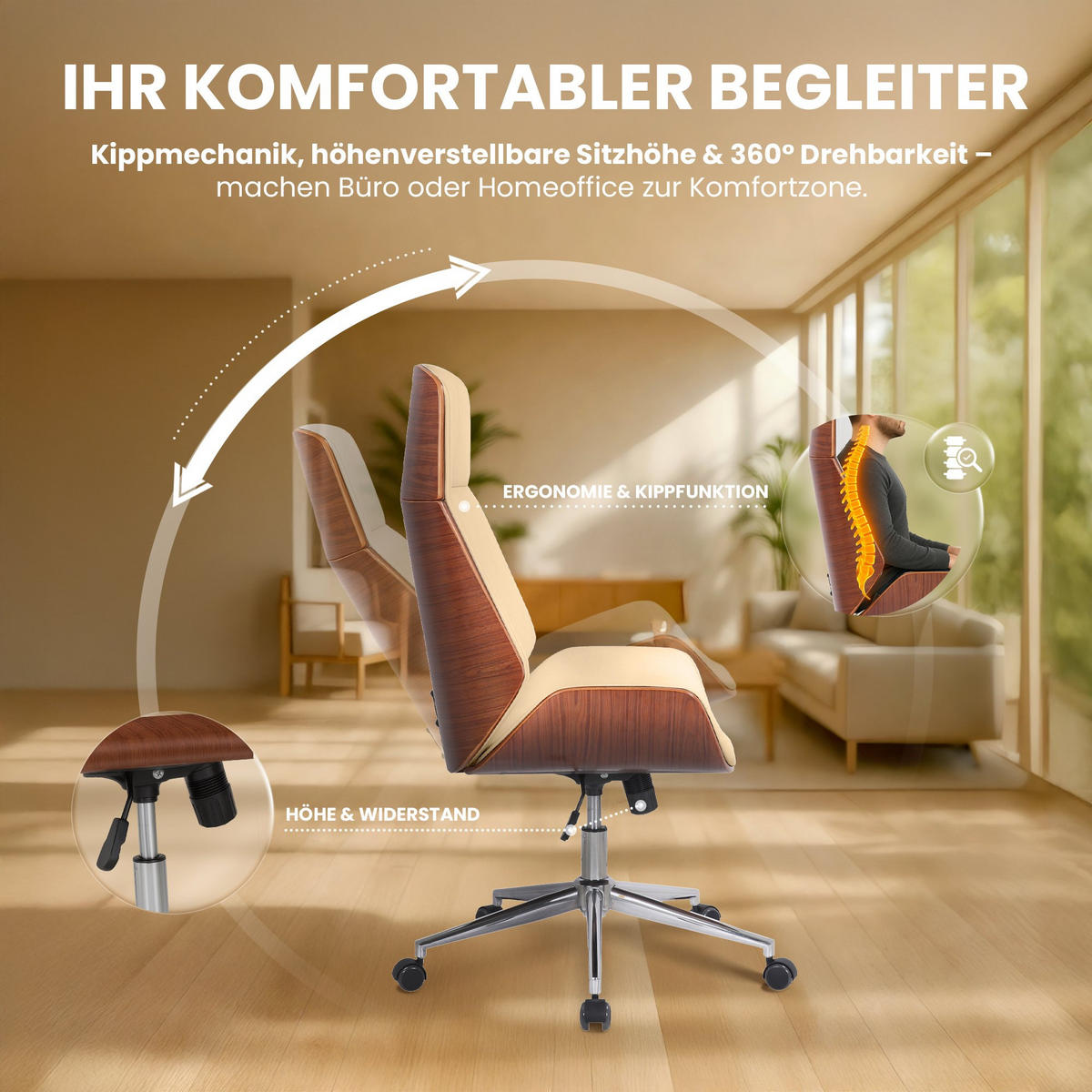 DREHSTUHL Lederlook Walnuss/Creme - Chromfarben/Walnussfarben, Textil/Metall (58/110/66cm) - CLP