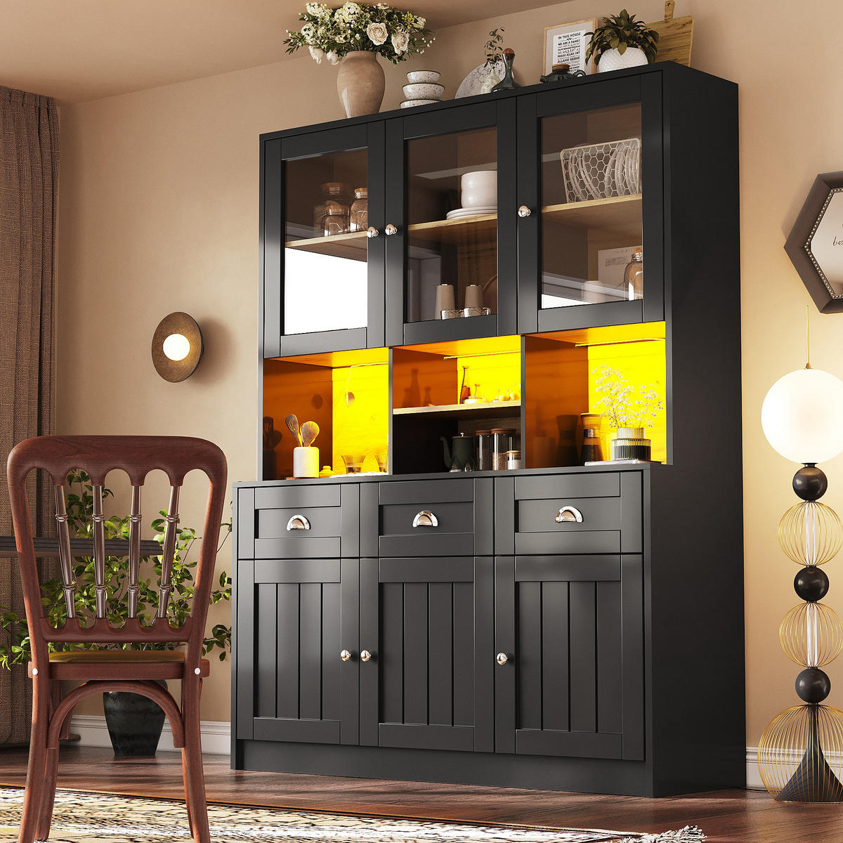 KÜCHENSCHRANK 140x40x175cm LED Hochschrank Glas Weiß Schwarz - Schwarz, Holzwerkstoff (140/175/40cm) - FLIEKS