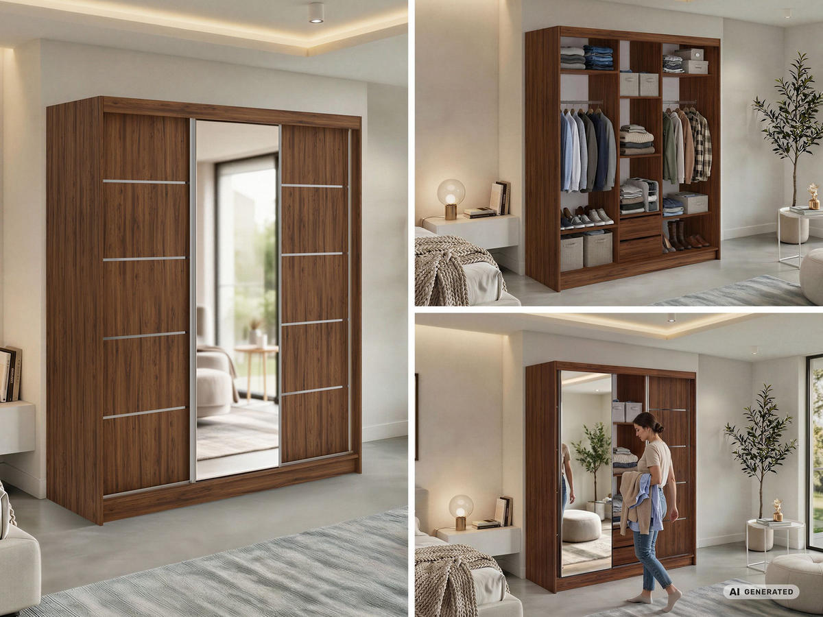 SCHWEBETÜRENSCHRANK mit Schubladen 180 - SKORIA - Warmia Walnuss mit Spiegel - Walnussfarben/Alufarben, Holzwerkstoff/Metall (180/216/61cm) - MKS