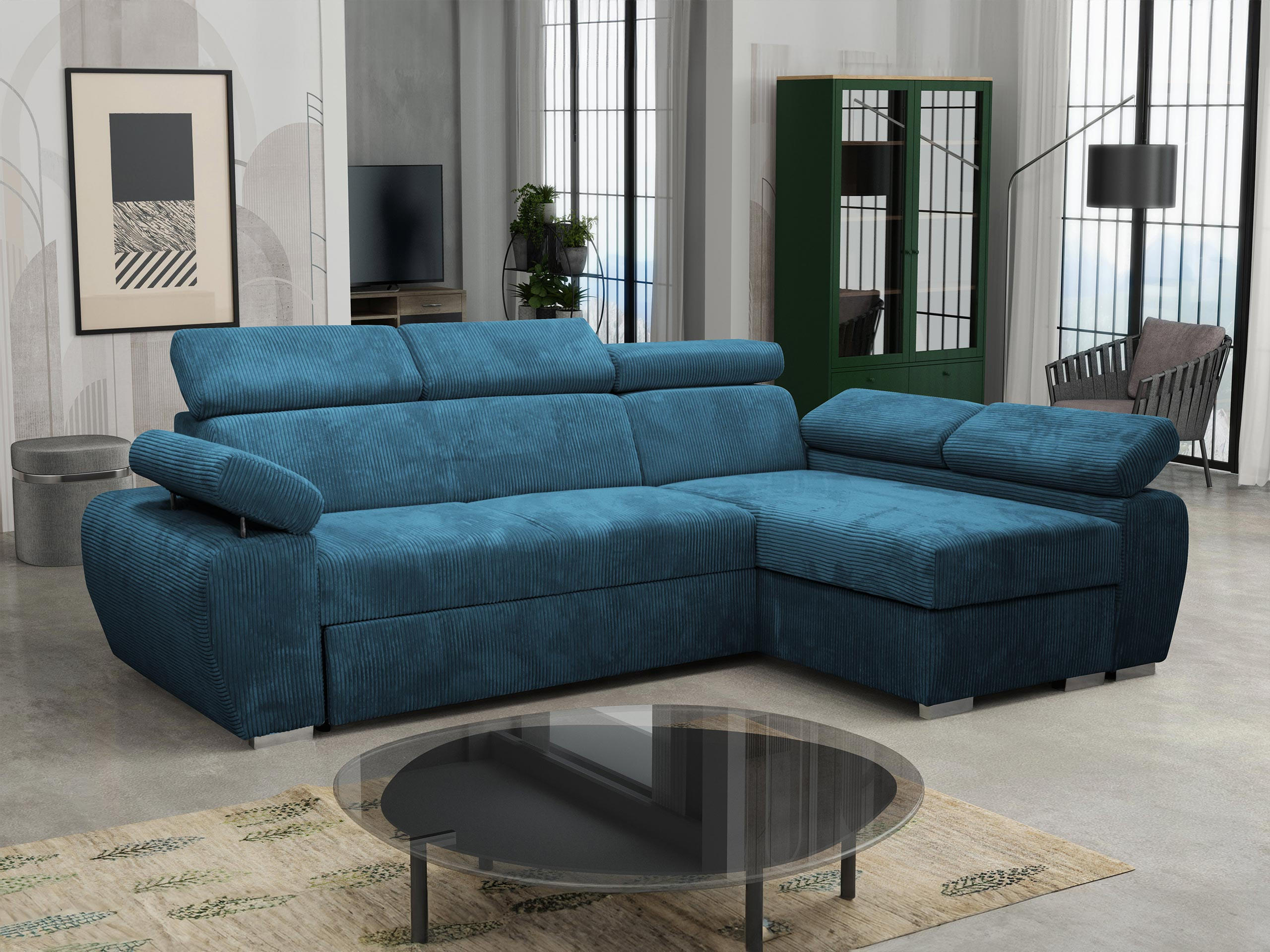 ECKSOFA Boston Mini Premium Cord 2RLC Seite: Rechts 2R+LC - Chromfarben/Blau, Holz/Textil (255/170cm) - MIRJAN24