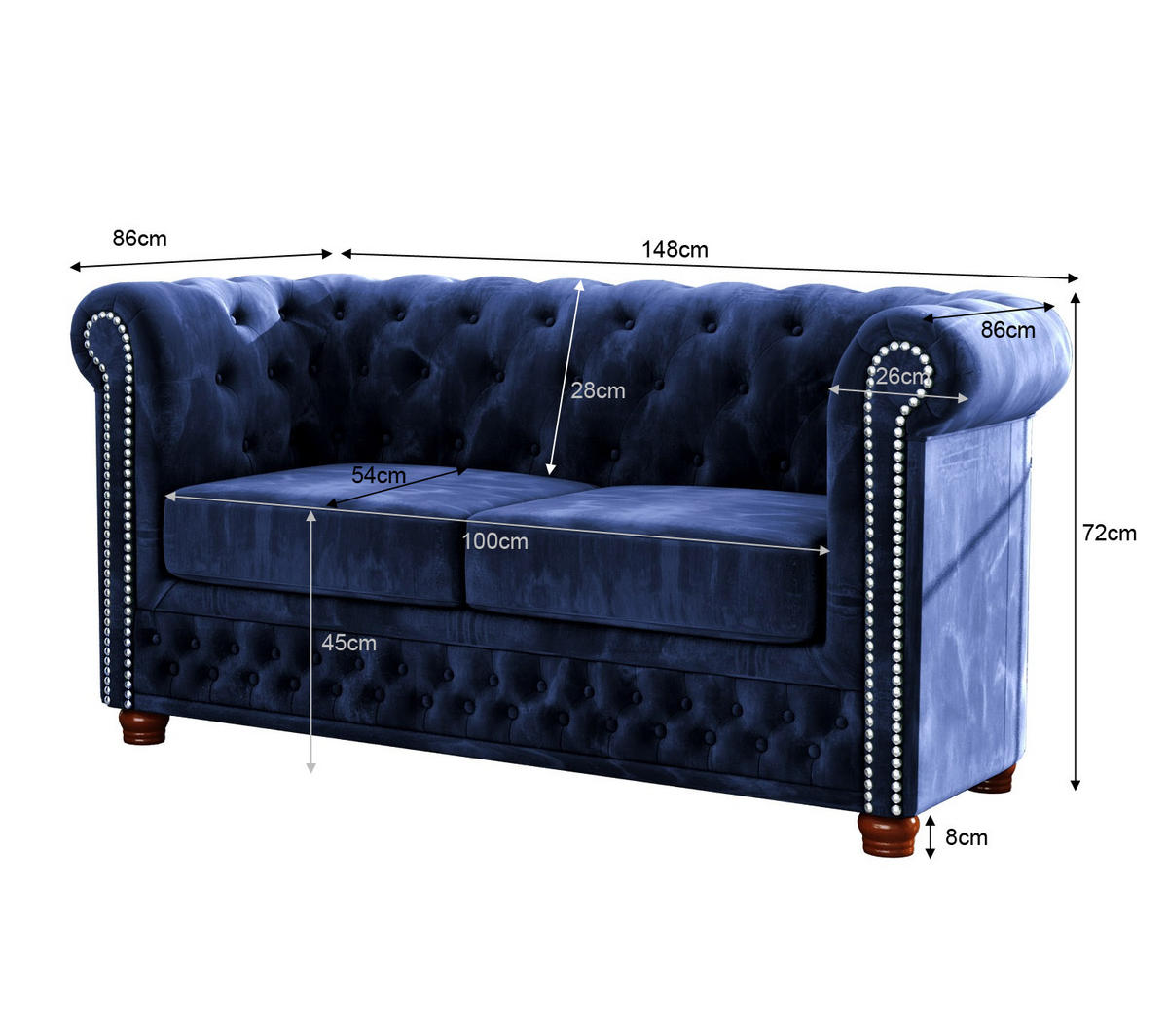 SITZGARNITUR 3+2+1 Chesterfield Lauren Marineblau Samt - Dunkelblau/Braun, Holz/Textil (203/72/86cm) - S-Style Möbel