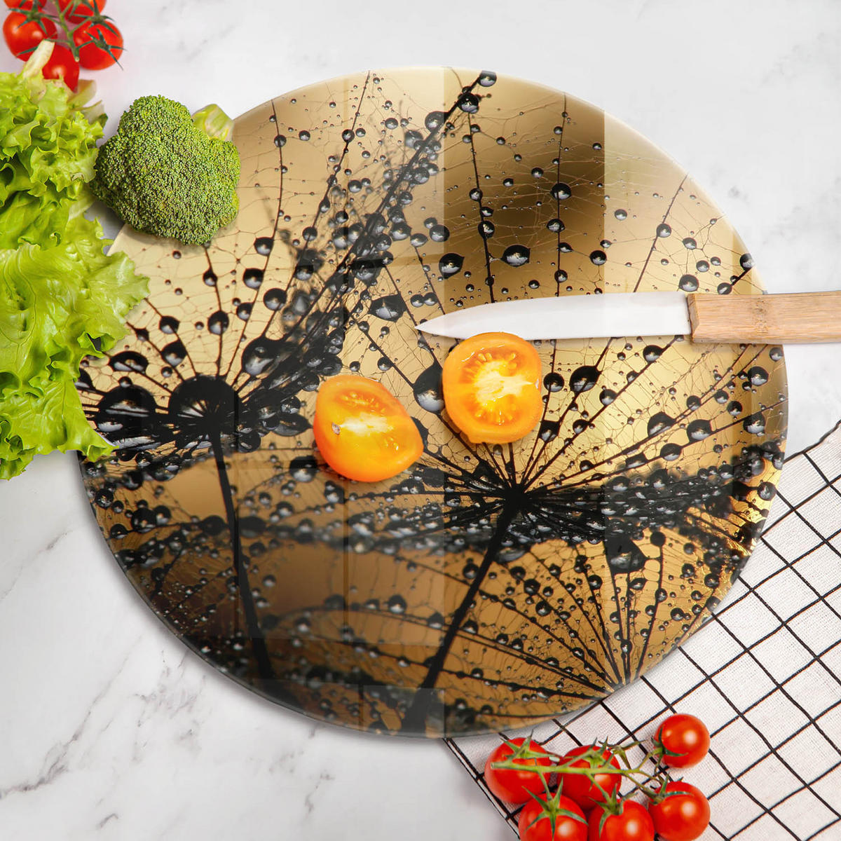 GLASPLATTE Ø 40 cm Rosa und Pusteblumen - Currygelb, Glas (40/40cm) - Wallfluent