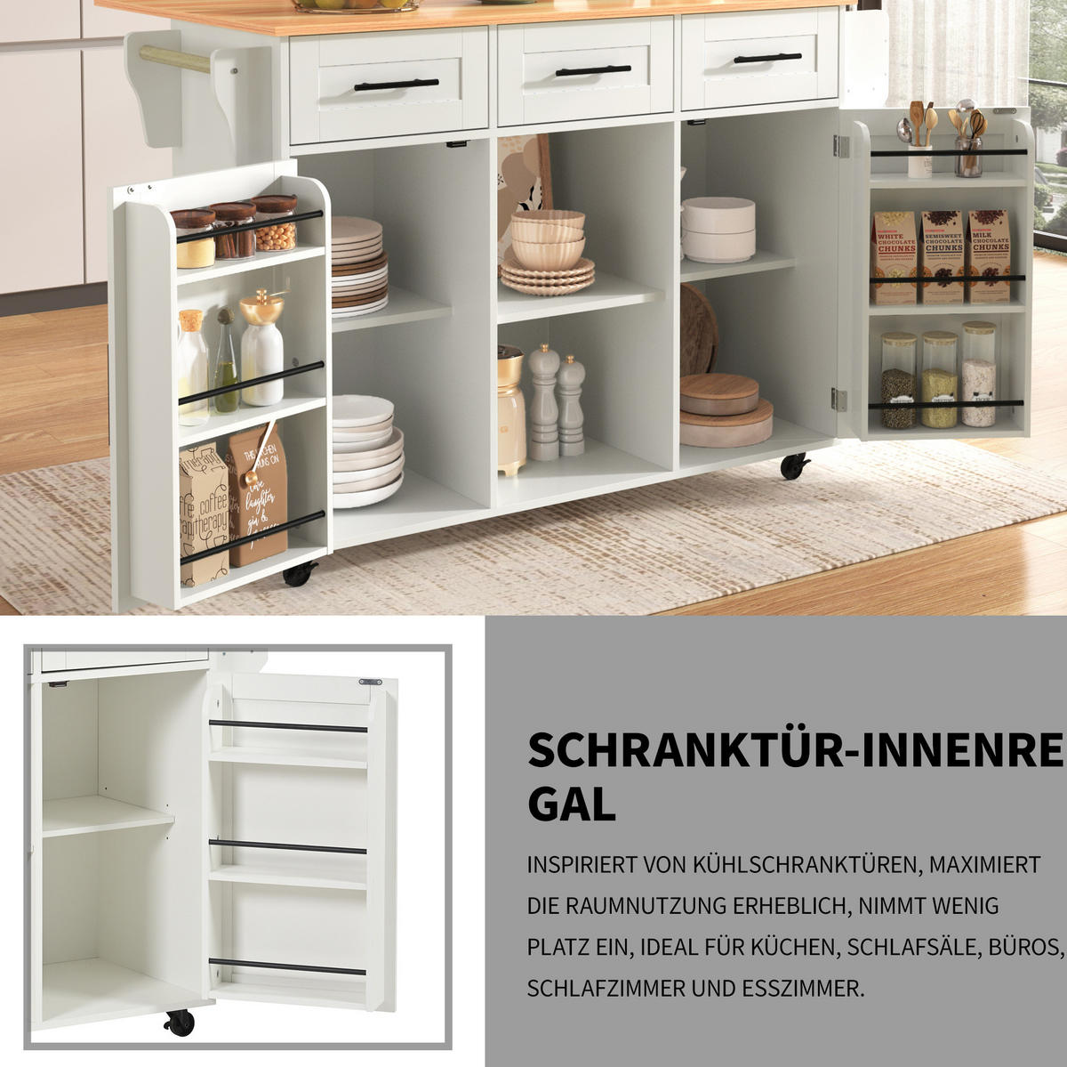 KÜCHENINSEL 139/46(71)/91,5 cm aus MDF mit klappbarer Arbeitsplatte und wechselbaren Füßen Weiß - Weiß, Holzwerkstoff (139/91.5/46cm) - Modenvie