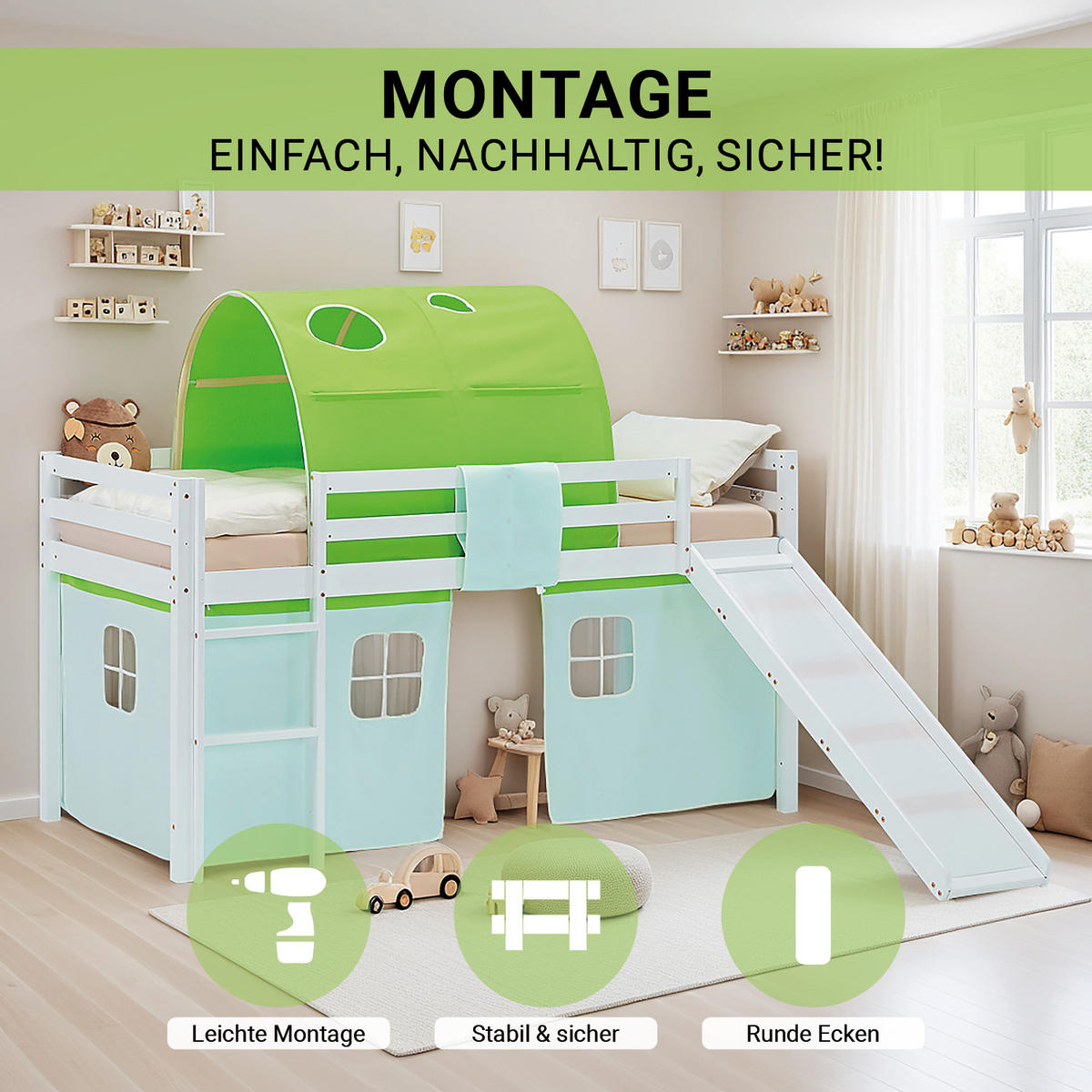 HOCHBETT 90/200 cm in Weiß Grün mit Rutsche Lattenrost - Weiß/Grün, Holz/Textil (90/200cm) - Homestyle4u