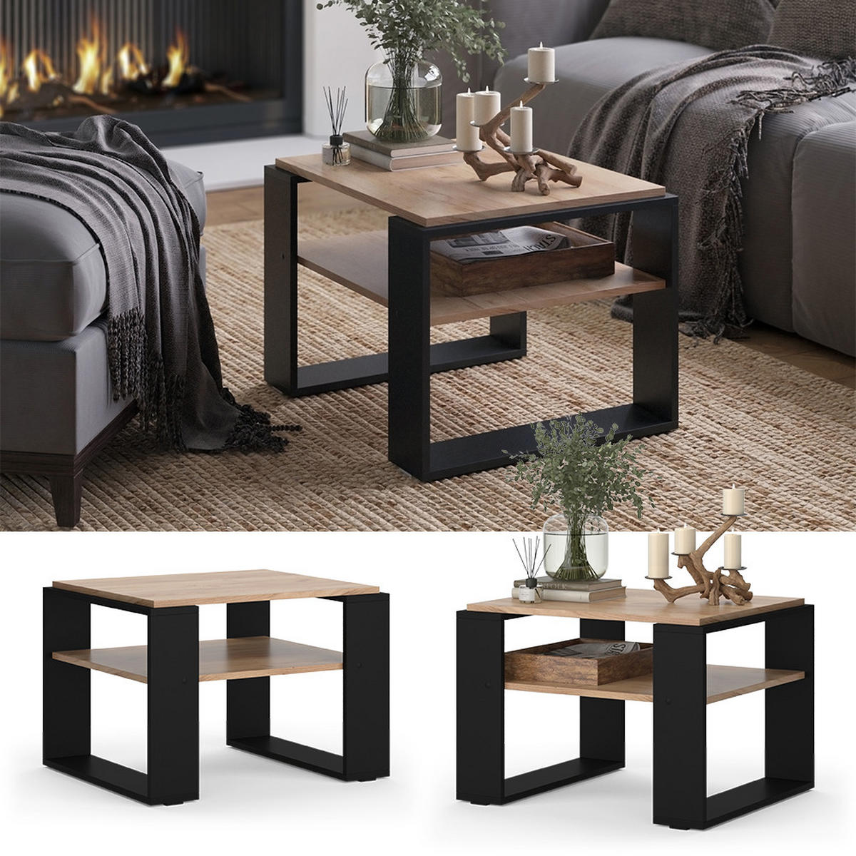 COUCHTISCH Helm Goldkraft Eiche 65.6 x 55,8 cm mit Ablage - Honigeiche/Schwarz, Holzwerkstoff (55.8/65.6/46.2cm) - Vicco