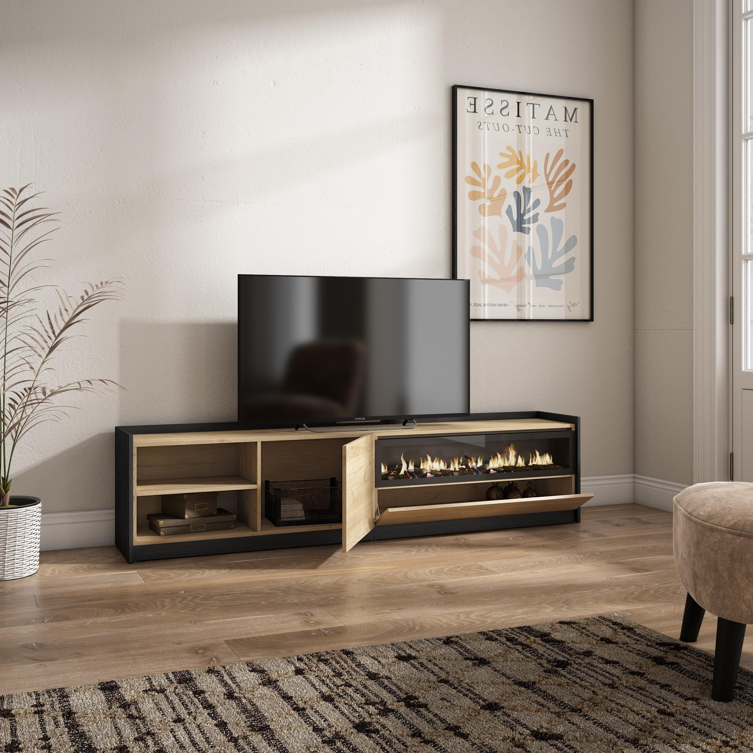 TV-SCHRANK, Lowboard, Eiche Schwarz, Elektrokamin, 207/37/50cm - Eichefarben, Holzwerkstoff (207/50/37cm) - Skraut Home
