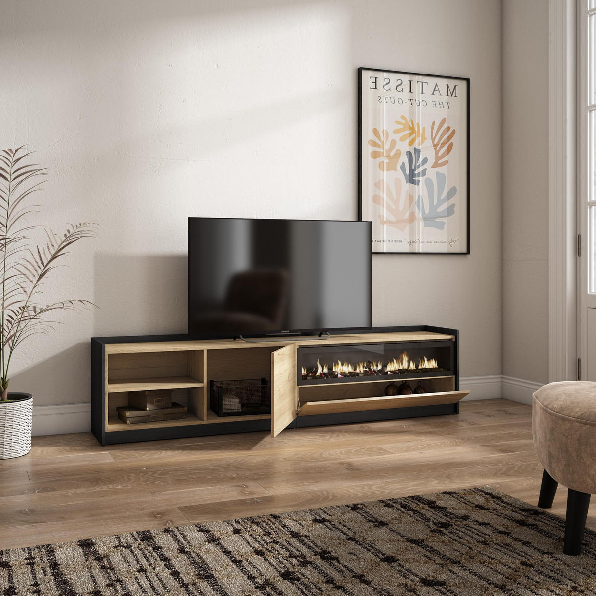 TV-SCHRANK, Lowboard, Eiche Schwarz, Elektrokamin, 207/37/50cm - Eichefarben, Holzwerkstoff (207/50/37cm) - Skraut Home