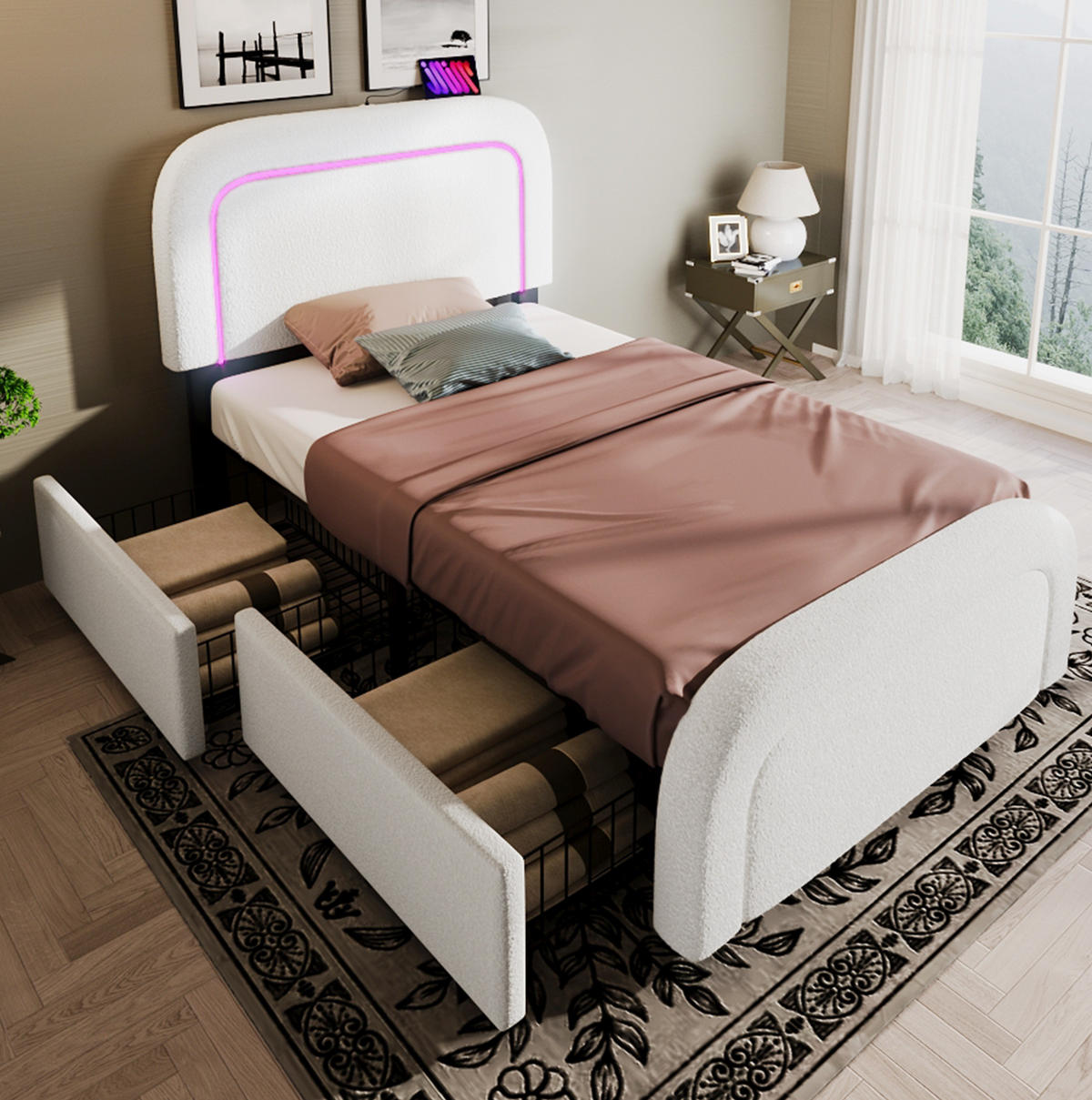 POLSTERBETT Sherpa 90x200 cm Weiß mit LED-Beleuchtung, USB-/USB-C-Anschlüssen und 2 Schubladen - Weiß, Textil (90/200cm) - IVMEU