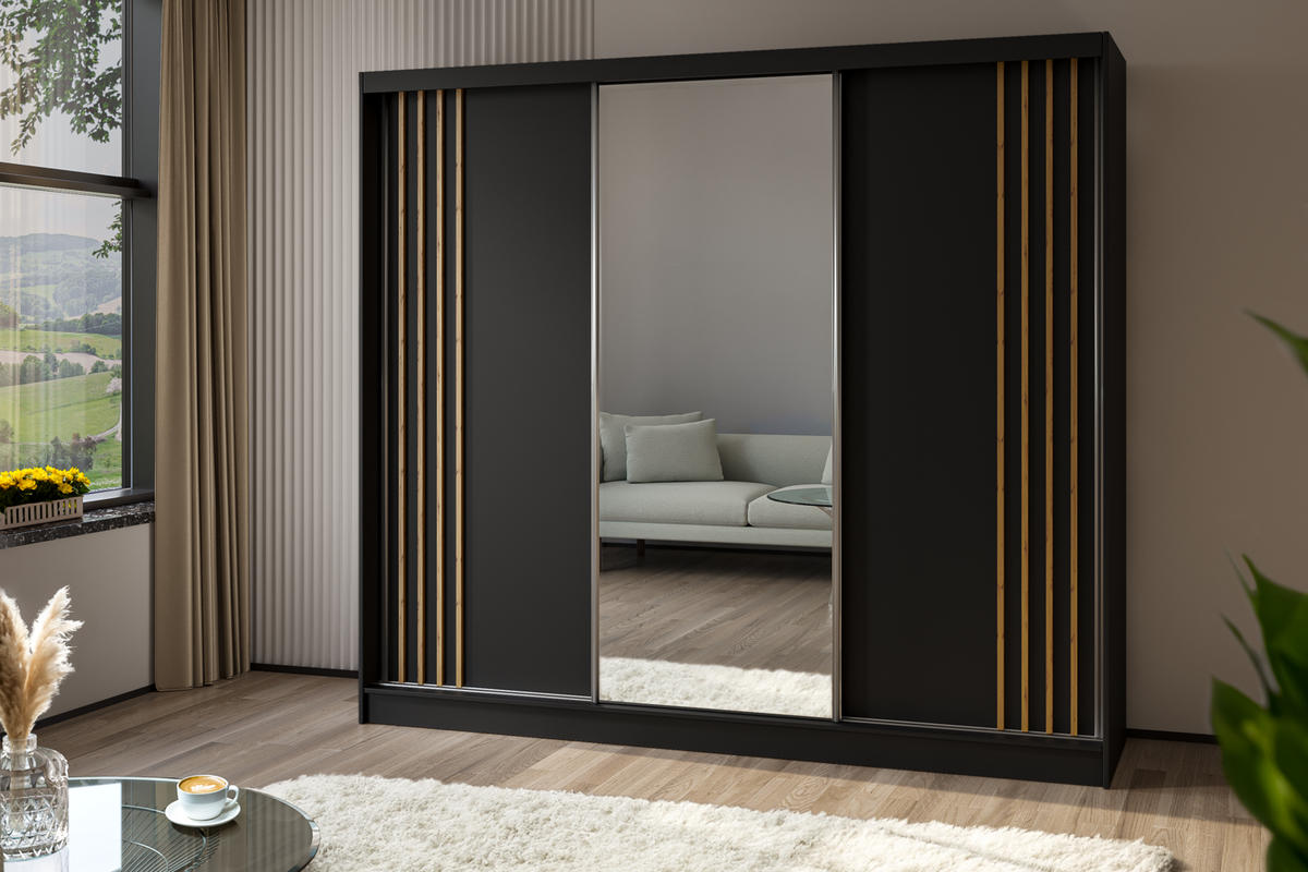 SCHWEBETÜRENSCHRANK Neli 240 cm mit Lamellen und Spiegel 3-türig, schwarz, schwarz, Lamelle Artisan - Schwarz/Eiche Artisan, Kunststoff (240/216/61cm) - Margaret Hadas24