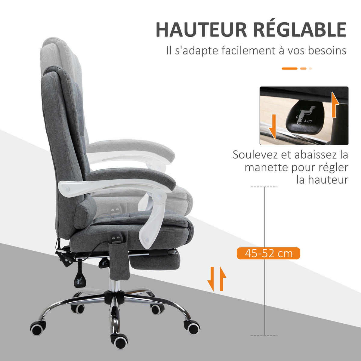 CHEFSESSEL DE-11819 Massage & Heizung Grau - Grau, Metall (70/119/65cm) - ComfortXL