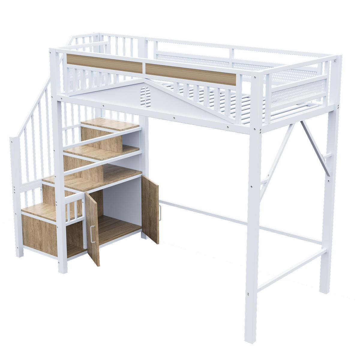 HOCHBETT aus Metall und Holz 90x200 cm Weiß mit Stauraumtreppe und Fenster-Sicherheitsgitter - Weiß, Metall (90/200cm) - IVMEU