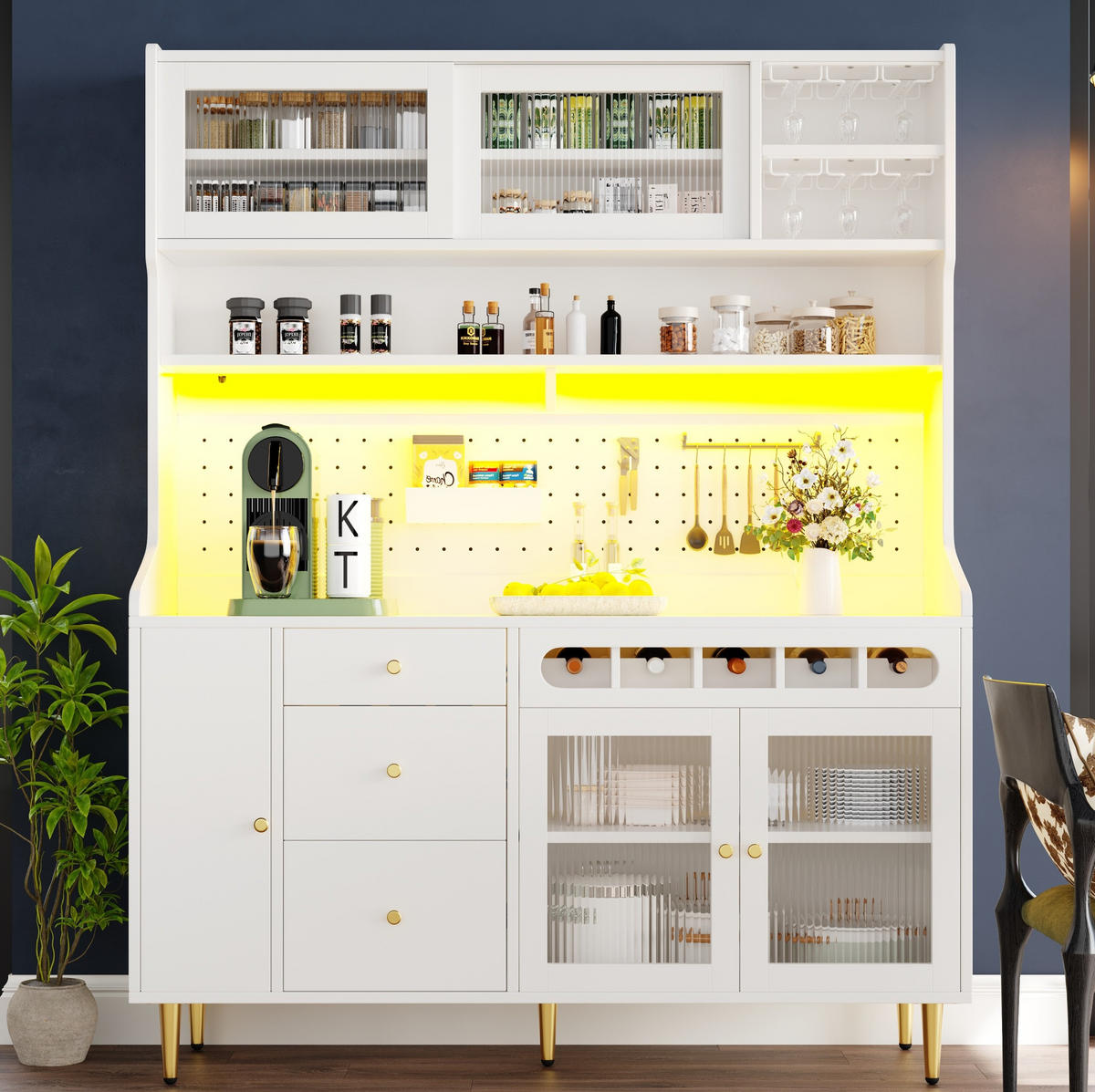 BUFFET 145/39/171 cm aus MDF und Glas mit LED-Beleuchtung und verstellbaren Einlegeböden Weiß - Weiß, Holzwerkstoff (145/171/39cm) - Modenvie
