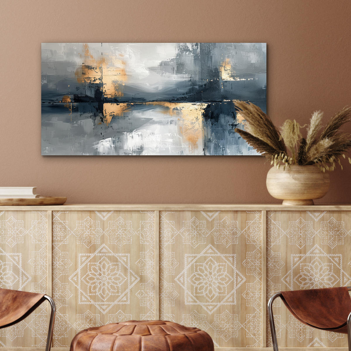 KOVOVÝ OBRAZ Umenie - sivé - zlaté - abstraktné 80x40 cm - tmavosivá, kov (80/40cm) - MuchoWow