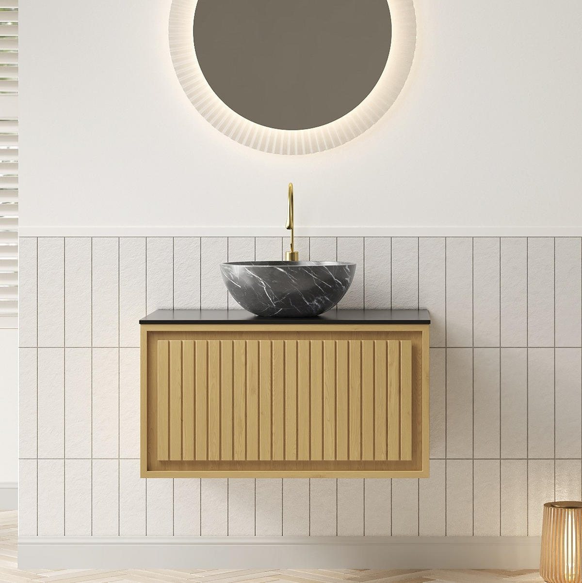 BADEZIMMERSCHRANK mit Waschtisch 61 cm Schwarz/Golden Oak - Schwarz, Holzwerkstoff (48/55.1/76cm) - Beauniv