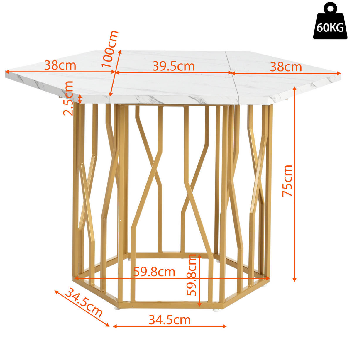 ESSTISCH sechseckig, MDF in Marmoroptik mit Metallgestell, 115,5/100/75 cm, Weiß/Gold - Goldfarben, Holzwerkstoff (115.5/100/75cm) - Redom