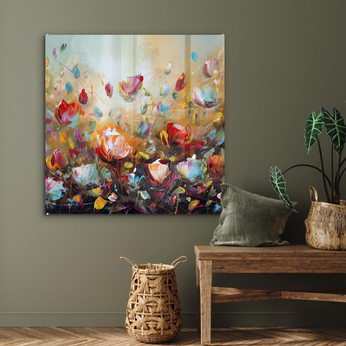 OBRAZ NA AKRYLOVOM SKLE Kvety - Umenie - Príroda - Olejomaľba 90x90 cm - viacfarebná, sklo (90/90cm) - MuchoWow