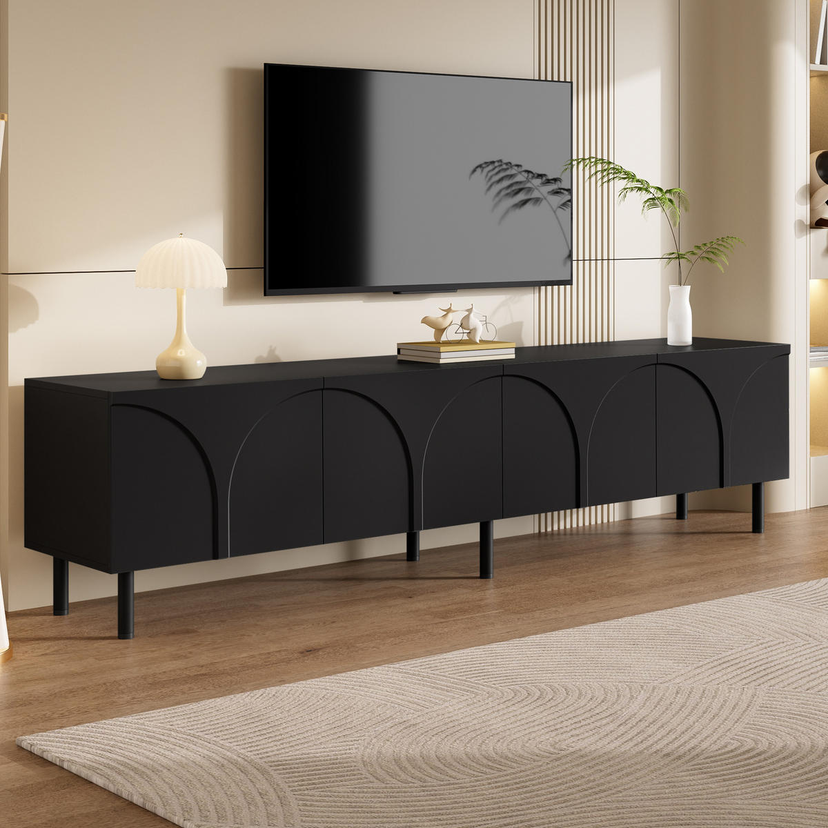 TV-RACK 180x35x49cm 4-Türen Schwarz Lowboard Metallfüße Modernes 3D-Design - Schwarz, Holz (49.71/17.2/101.19cm) - Raelunyi