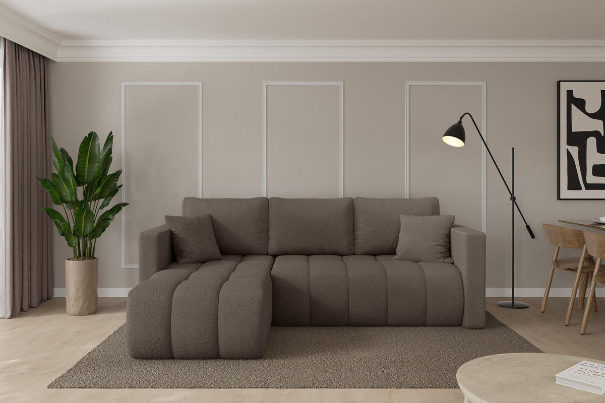 ROHOVÁ SEDAČKA s funkcí spaní, otoman vlevo GARD-L 226x146x85 hnědá bouclé - černá/hnědá, kompozitní dřevo/textil (226/146cm) - ALTDECOR