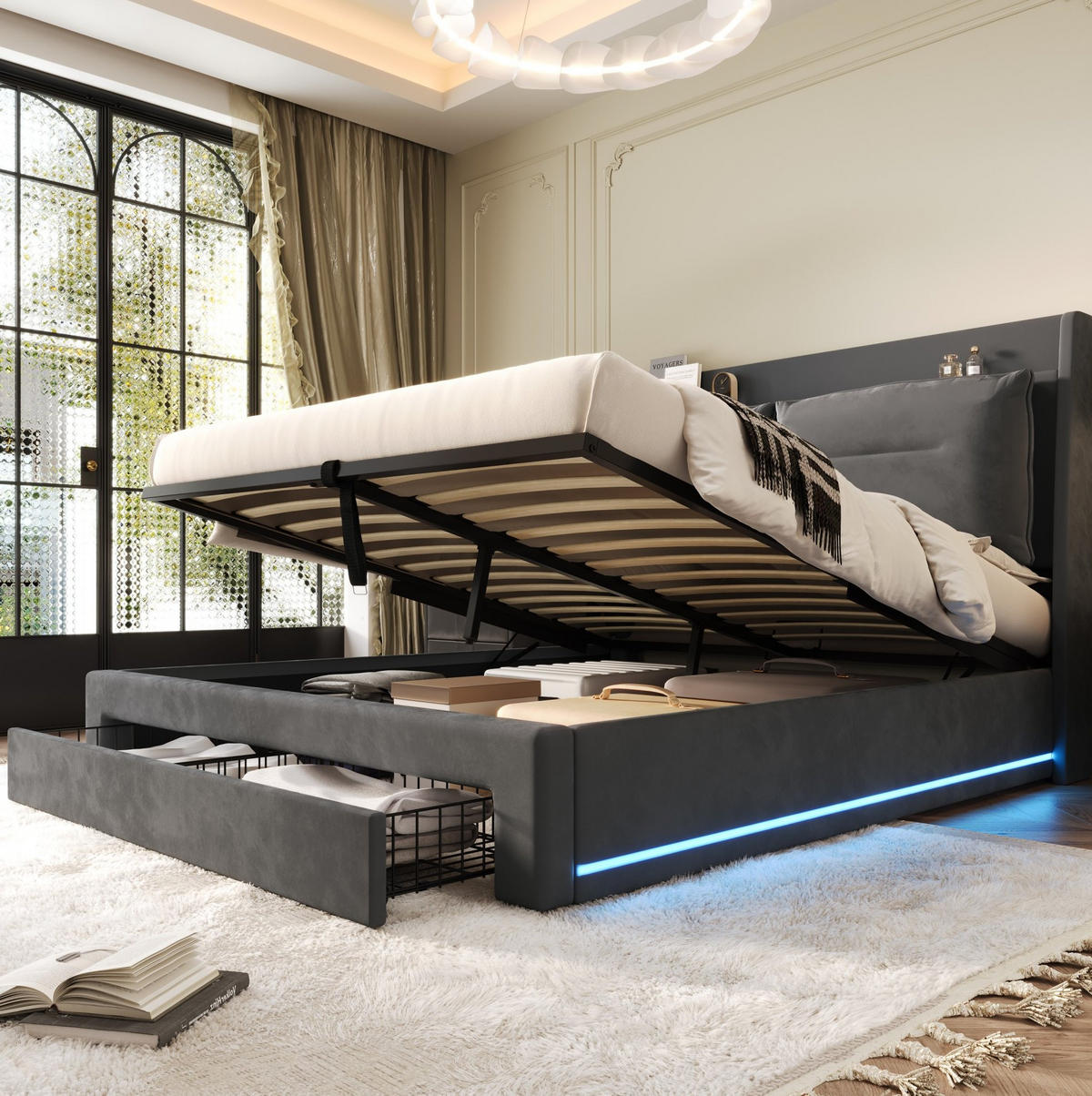 POLSTERBETT 140/190 cm aus Samt mit LED-Beleuchtung, hydraulischem Stauraum und Fußend-Schublade, Dunkelgrau - Grau, Textil (140/190cm) - Redom