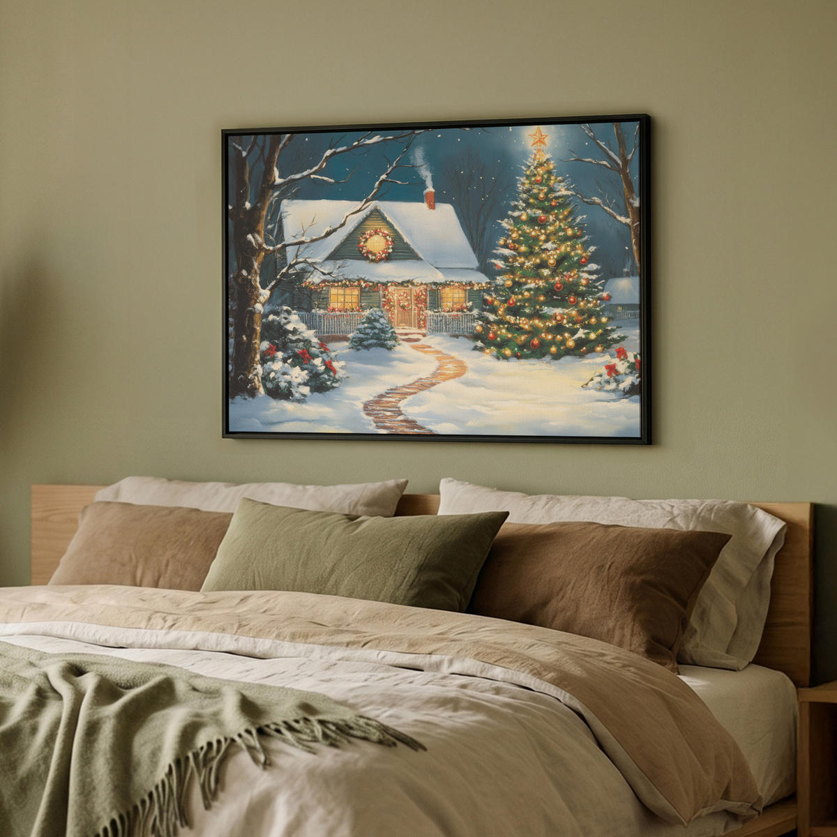 LEINWAND Bilder mit Rahmen - Weihnachten - Weihnachtsbaum - Winter - Zuhause - Schnee - 70x50 - Smaragdgrün, Textil (70/50cm) - MuchoWow