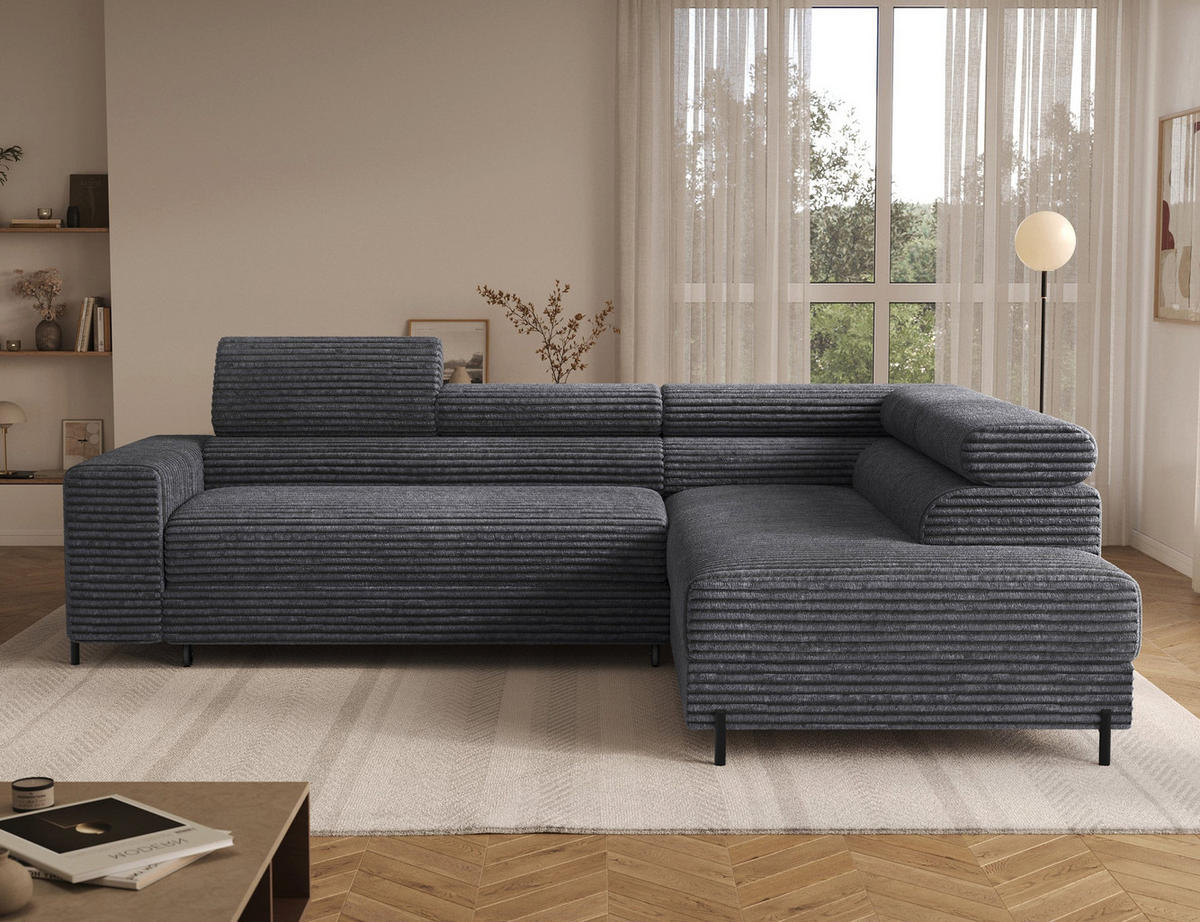 ECKSOFA COLESIO L-Form, Schlaffunktion, Bettkasten, verstellbare Kopfstützen, Wellenfederung, Metallfüße, breiter Cordstoff - Anthrazit/Schwarz, Kunststoff/Metall (204/269cm) - Wohnideebilder