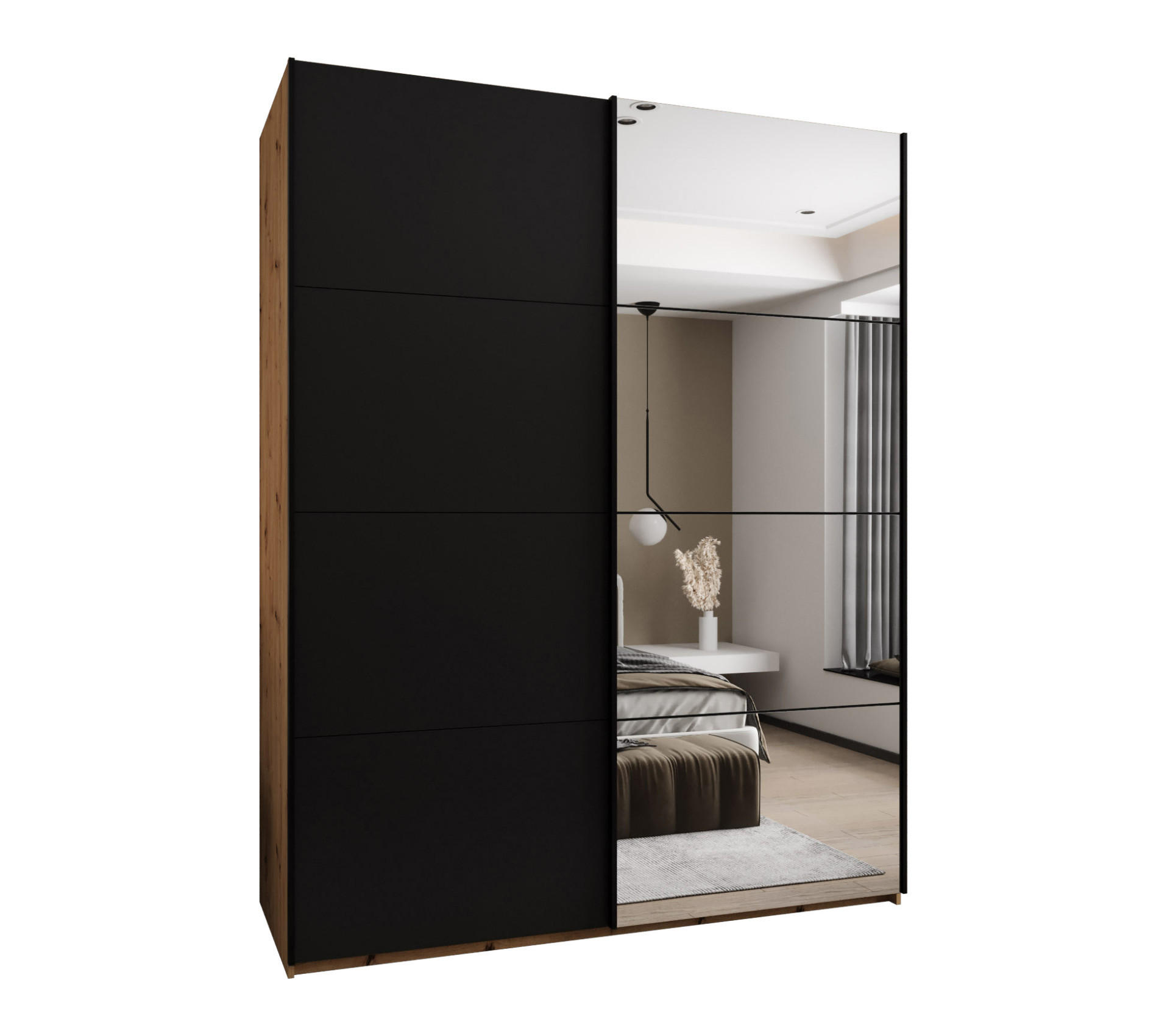 Abiks Möbel Schwebetürenschrank Eiche Artisan, Schwarz, Schwarz 200x245x64 cm