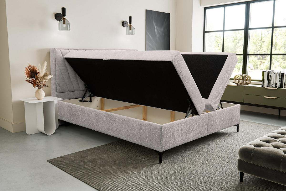 BOXBETT Cimone mit 2 Bettkästen, Maße: 180x200 cm, Farbe: Beige , Velourstoff, mit Bonell-Matratze inkl. Topper - Beige, Holz/Kunststoff (180/200cm) - VENASI MÖBEL