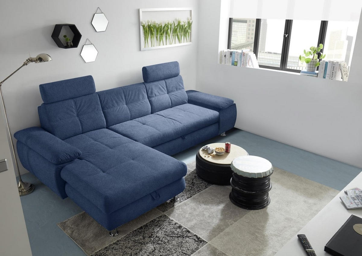ECKSOFA mit Schlaffunktion und Bettkasten, Brego-Stoff - Chromfarben/Blau, Textil/Metall (274/177cm) - ed exciting design