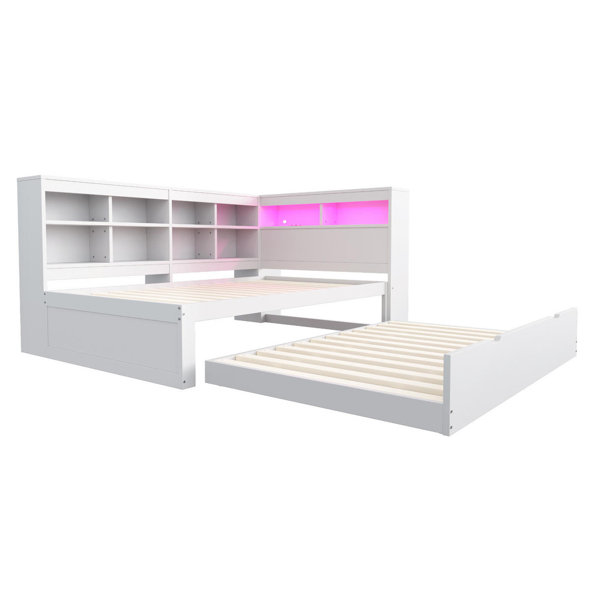 MULTIFUNKTIONSBETT 90/200 cm Weiß mit ausziehbarem Bett und USB-Anschluss - Weiß, Holzwerkstoff (90/200cm) - OKWISH