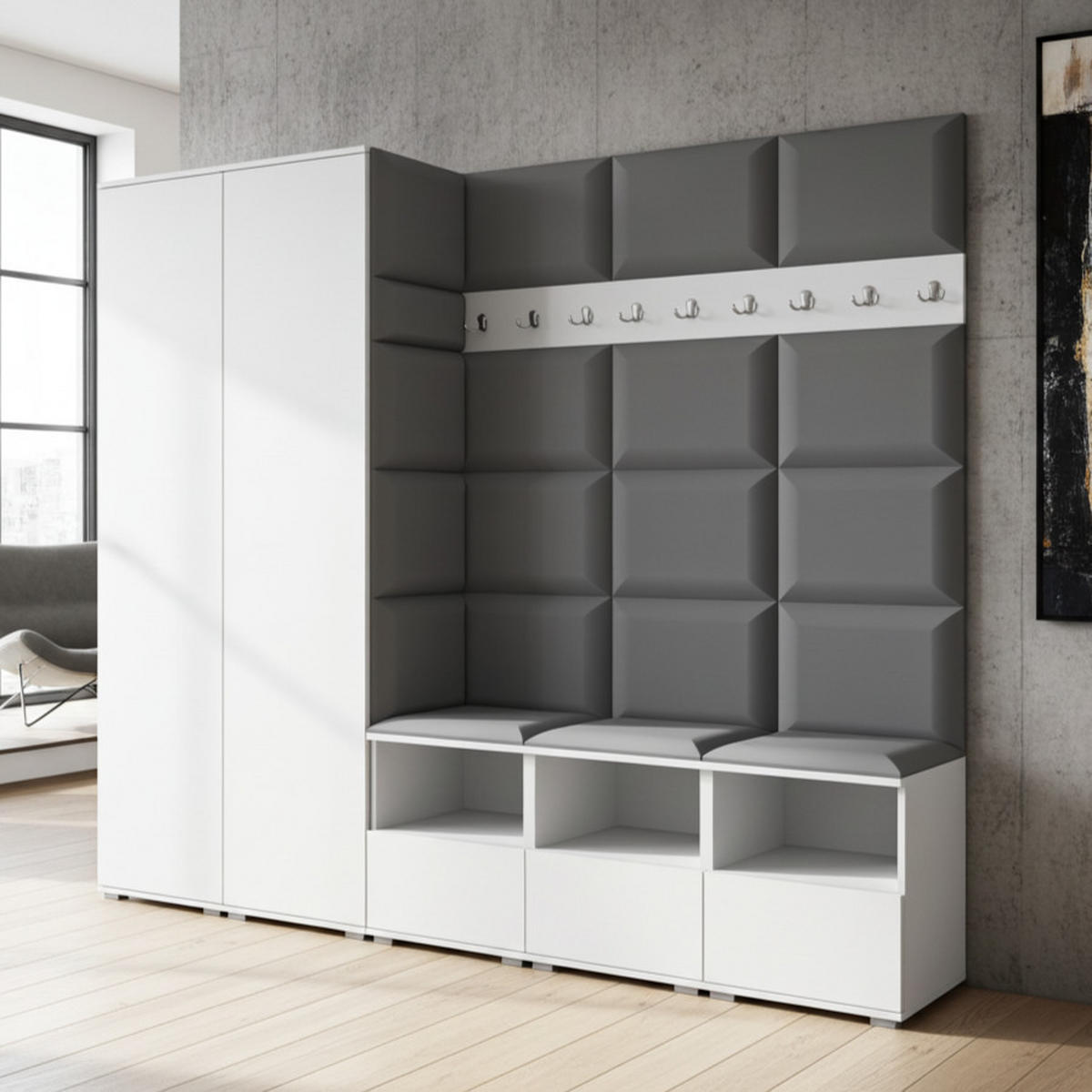 GARDEROBE NELA VII 250 cm (Modulare Flurmöbel XL Weiß mit Sitzpolster Dunkelgrau 15 2 Schränke) - Dunkelgrau/Silberfarben, Holz/Holzwerkstoff (250/187/40cm) - Ravio