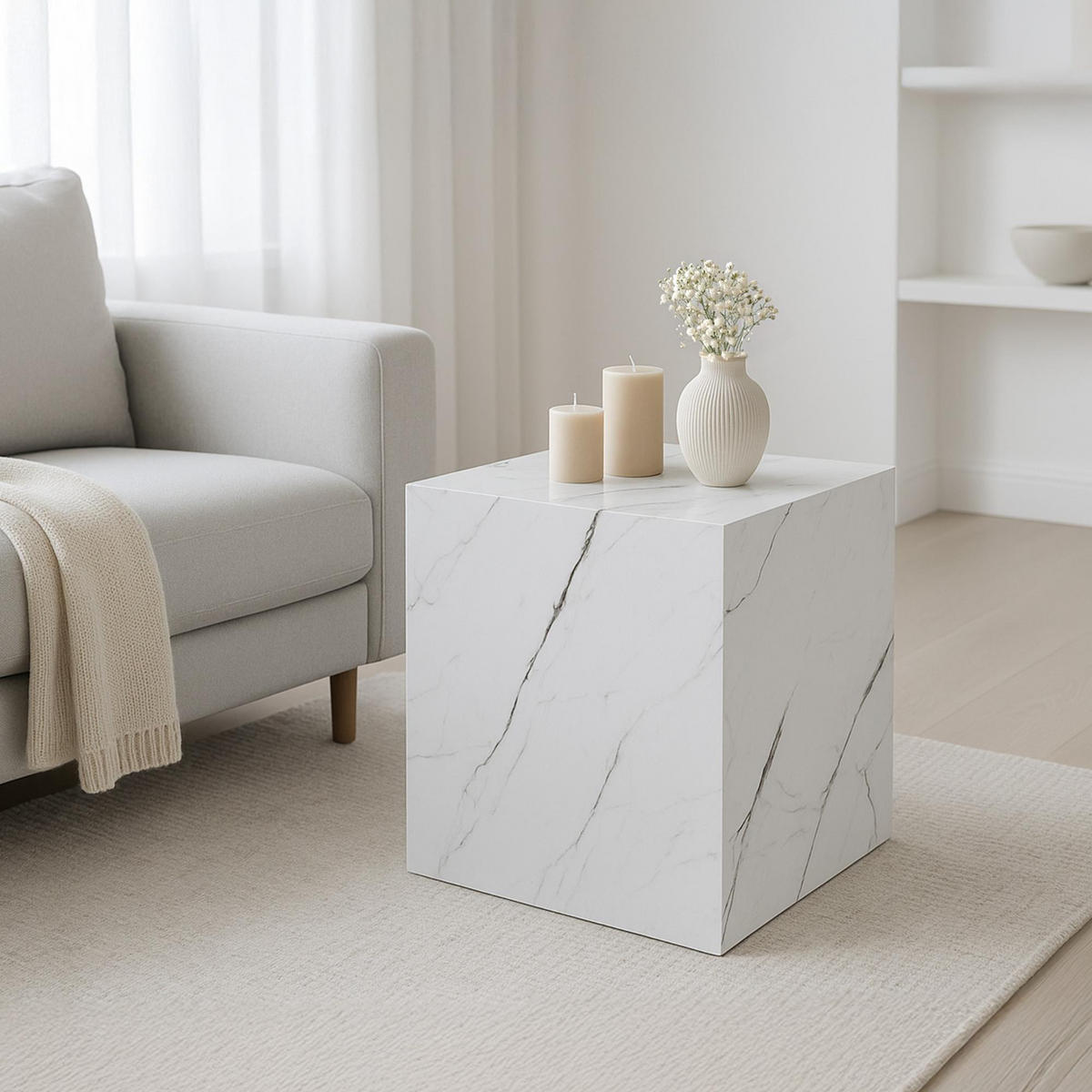 ODKLÁDACÍ STOLEK Ellelu - bílá, kompozitní dřevo (40/40/45cm) - [en.casa]