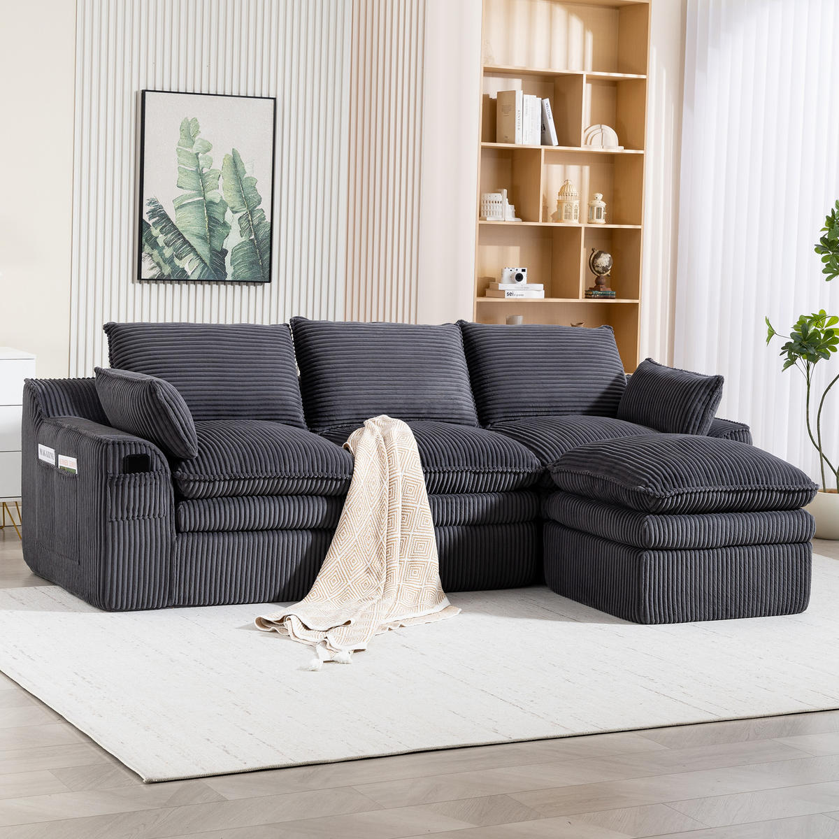 3-SITZER ECKSOFA Cord Dunkelgrau mit Kissen, Hocker und Seitentaschen - Dunkelgrau, Textil (263/167cm) - WISHDOR