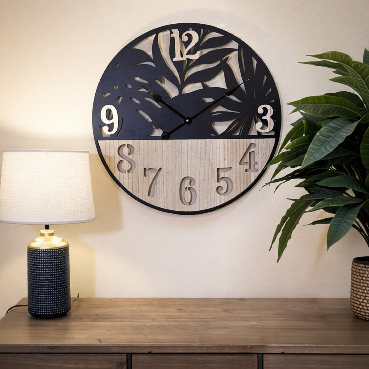 WANDUHR Palm, schwarz und braun, Eisen und MDF, 60 x 2,5 x 60 cm, Motiv: Palme - Schwarz/Braun, Holzwerkstoff/Metall (60/60/2.5cm) - Mauro Ferretti