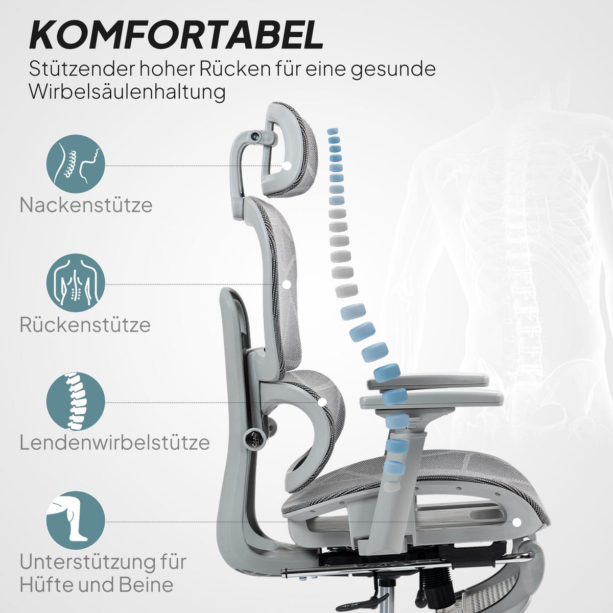 BÜROSTUHL, Ergonomischer Schreibtischstuhl mit Netzstoffbezug, verstellbar, rollbar, mit Armlehnen, Kopfstütze, Grau - Grau, Textil (64/122/66cm)