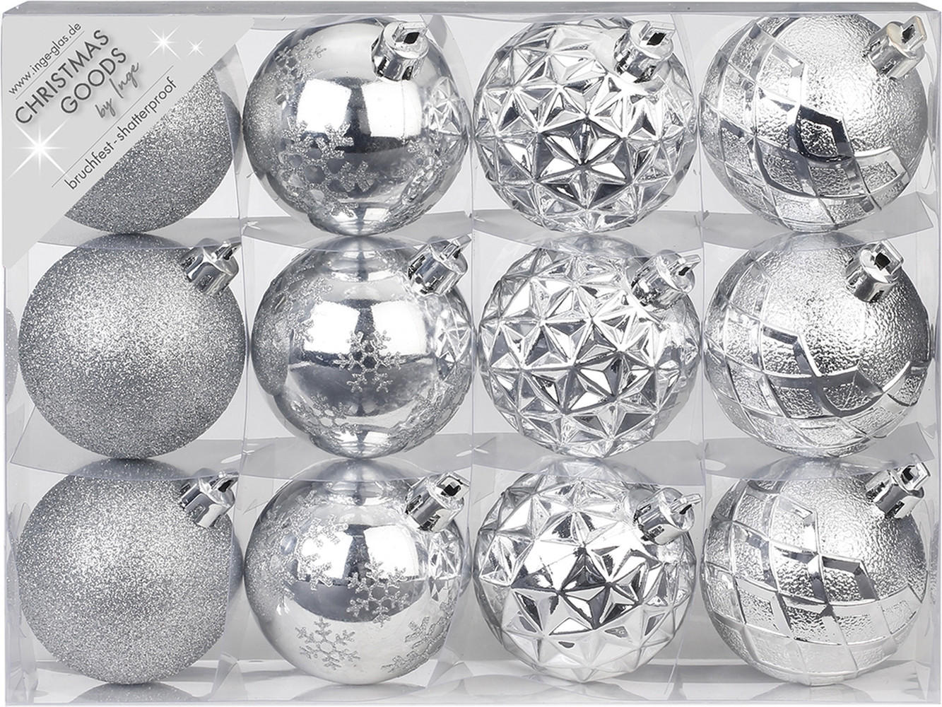 LAALU CHRISTBAUMKUGEL-SET 12 Ornamenten: runde Silbermischung 6 cm - Silberfarben, Kunststoff (0.01/1/0.01cm) - LAALU