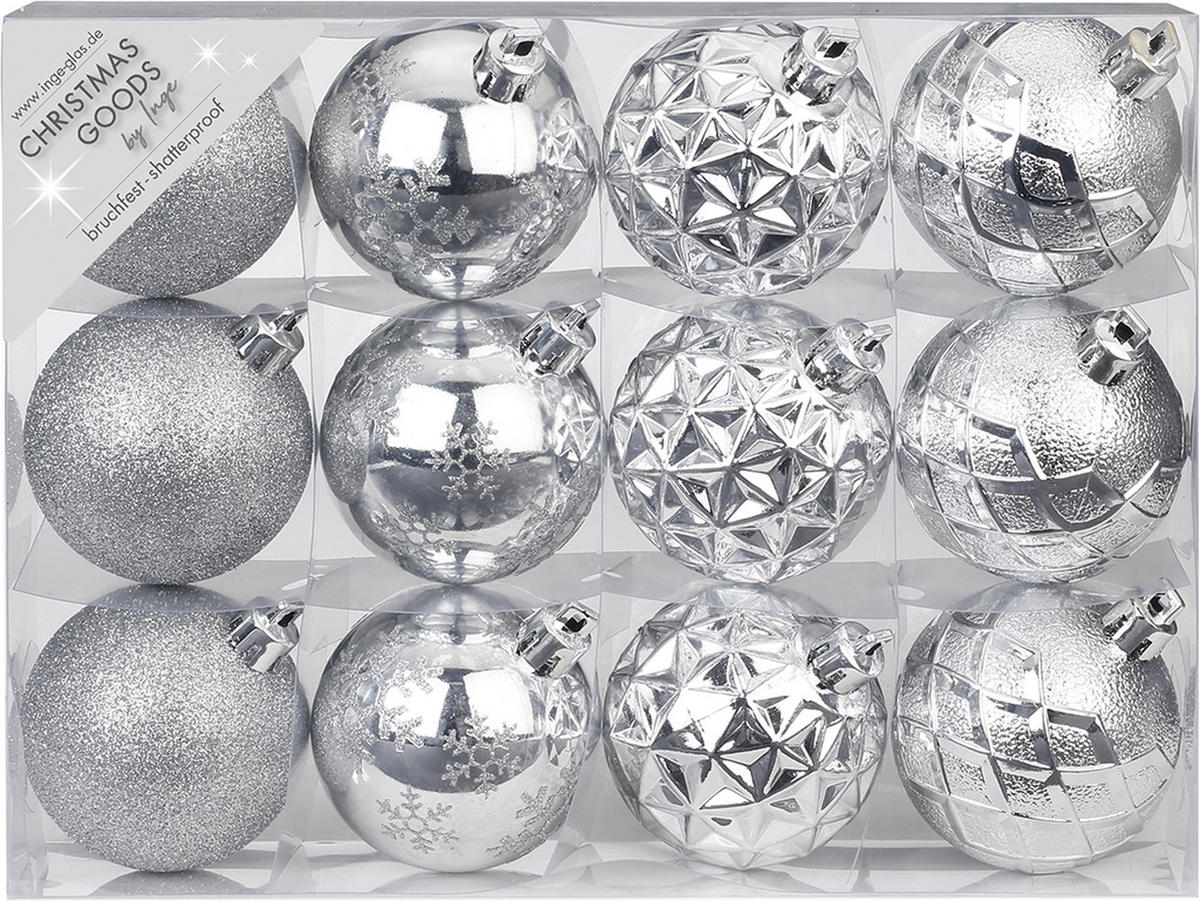 LAALU CHRISTBAUMKUGEL-SET 12 Ornamenten: runde Silbermischung 6 cm - Silberfarben, Kunststoff (0.01/1/0.01cm) - LAALU