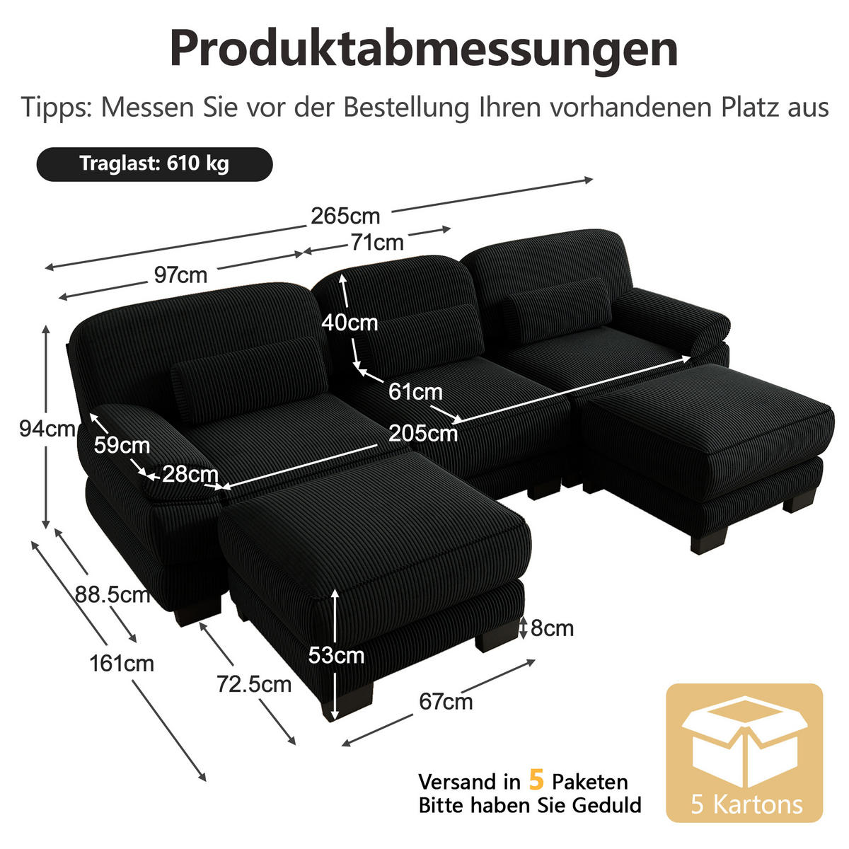 WOHNLANDSCHAFT 3-Sitzer U-Form mit 2 Hockern, DE-42659, Schwarz - Schwarz, Holz (265/94/161cm) - ComfortXL