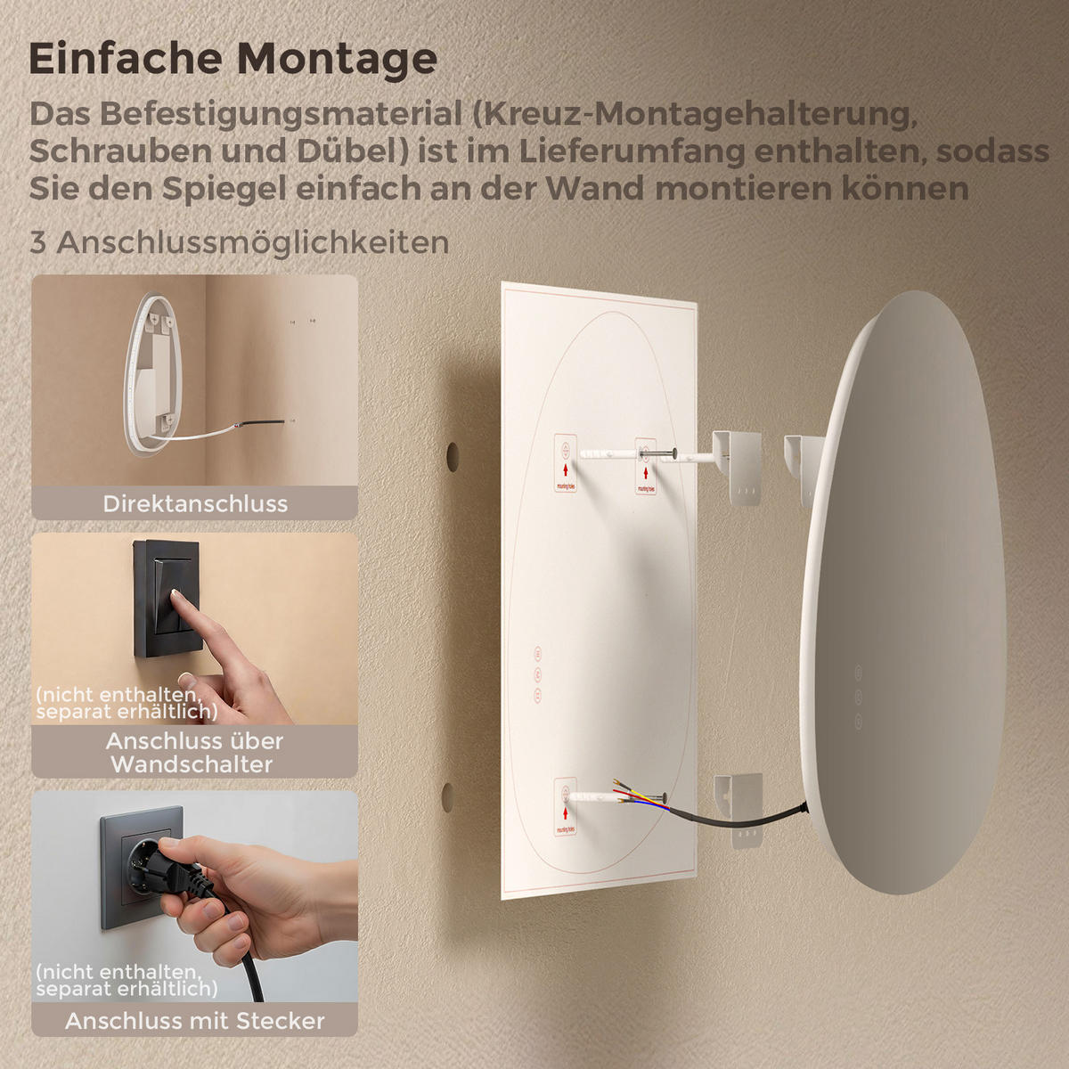 BADEZIMMERSPIEGEL mit Beleuchtung 75/55 cm asymmetrisch LED dimmbar mit Antibeschlag - Transparent, Glas (55/75/2.5cm) - S'AFIELINA