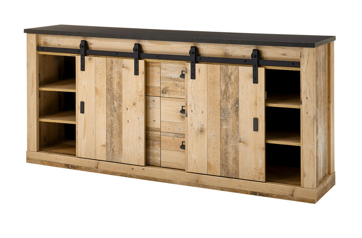 SIDEBOARD Used Wood hell, anthrazit 201 cm, Kommode mit Soft-Close - Anthrazit/Schwarz, Holzwerkstoff/Metall (201/91/43cm) - Furn.Design