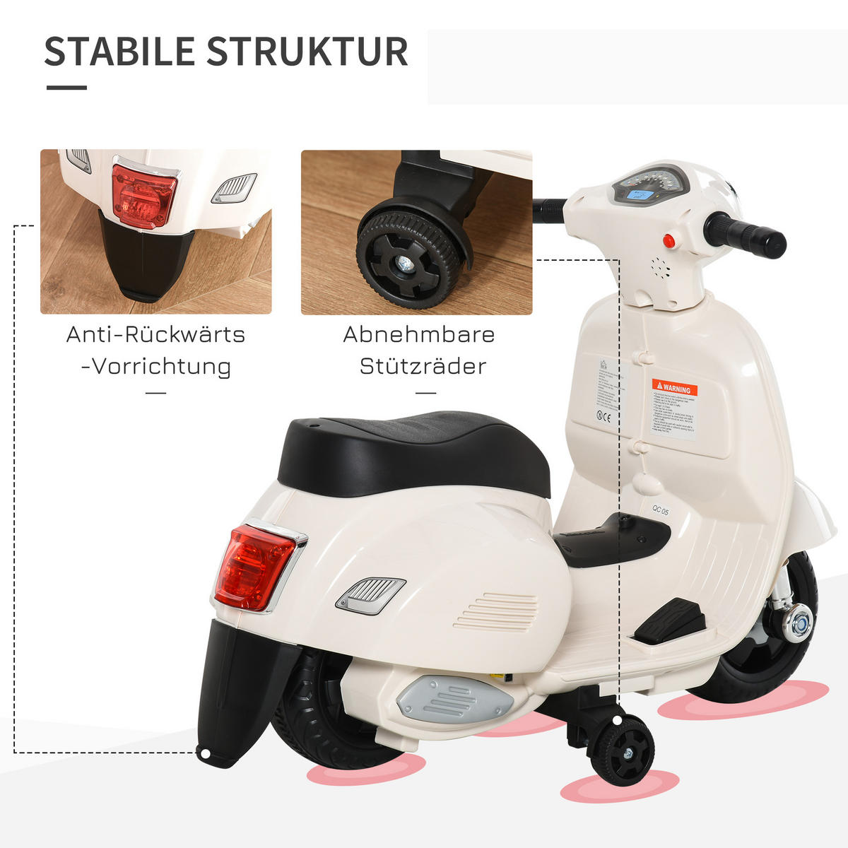 ELEKTRO KINDERMOTORRAD, Grün/ Rot/Weiß, Kunststoff-+ Metall - Weiß, Metall (66.5/38/52cm) - HOMCOM