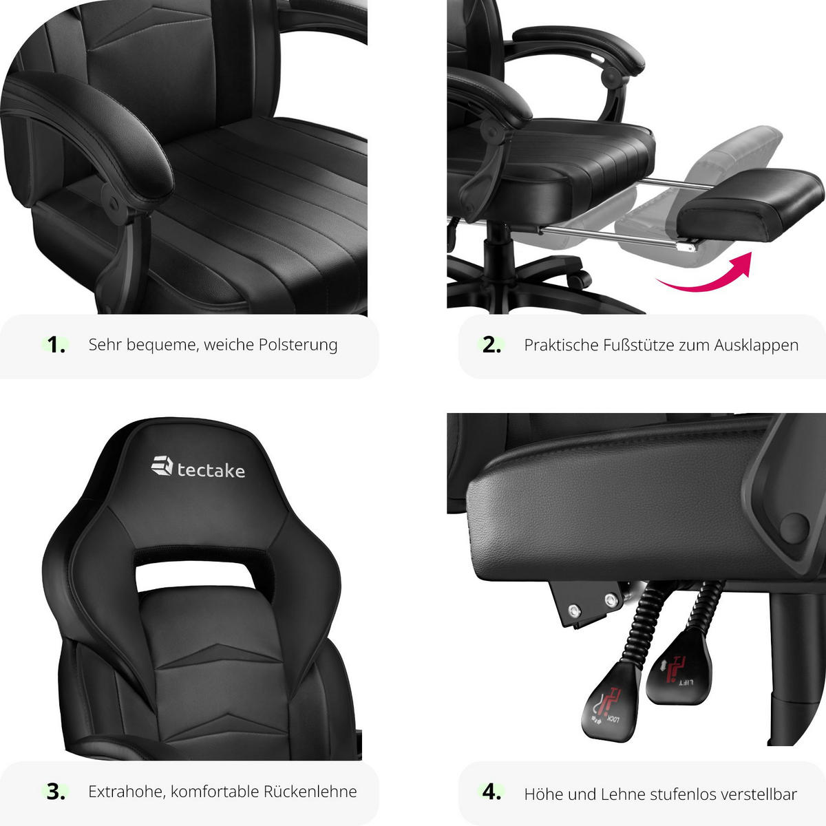 RACING BÜROSTUHL Comodo,inklusive Lendenkissen, Belastbarkeit 120 kg,schwarz/schwarz - Schwarz, Textil (70/127.5/69cm) - tectake