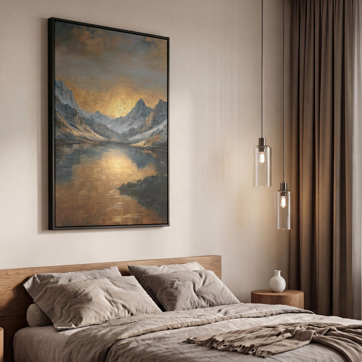 LEINWAND Bilder mit Rahmen - Bergkulisse mit goldenem Sonnenuntergang - 60x90 - Goldfarben, Textil (60/90cm) - MuchoWow