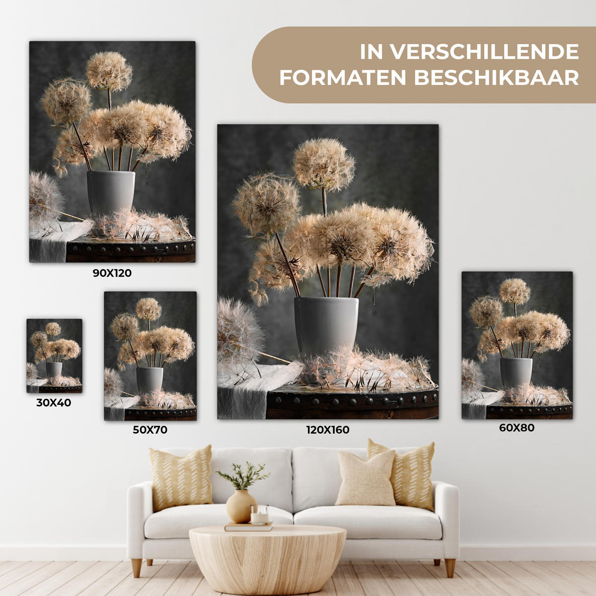 LEINWANDBILD Blumensamen - Löwenzahn - Vase - Stilleben - Blumenstrauß Wandbild Wohnzimmer 60x80 cm - Dunkelgrau, Textil (60/80cm) - MuchoWow