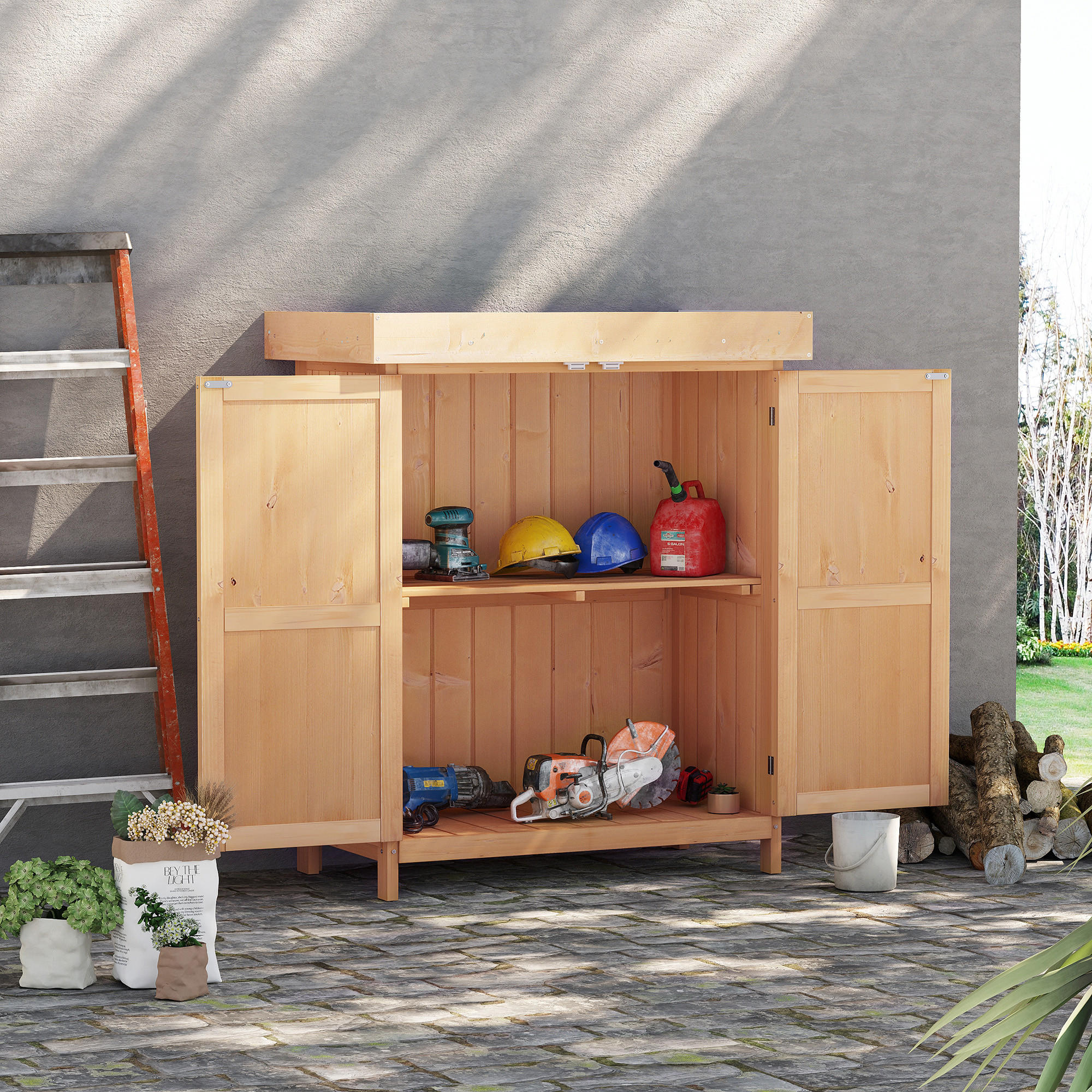 GARTENSCHRANK Geräteschuppen mit Doppeltür, 2 Fächern, wetterfest, Tannenholz, Natur - Fichtefarben, Holz (43/88/74cm) - Outsunny