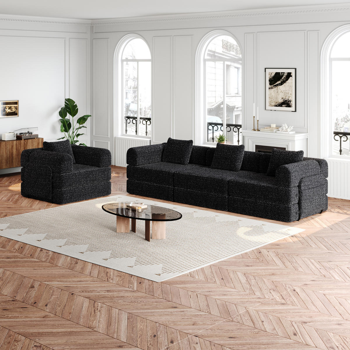 SITZGARNITUR 2-in-1 mit Armlehnen-Ablagefach Chenille Schwarz 200/90/85 cm - Schwarz, Textil (181.6/49.5/94cm) - OKWISH