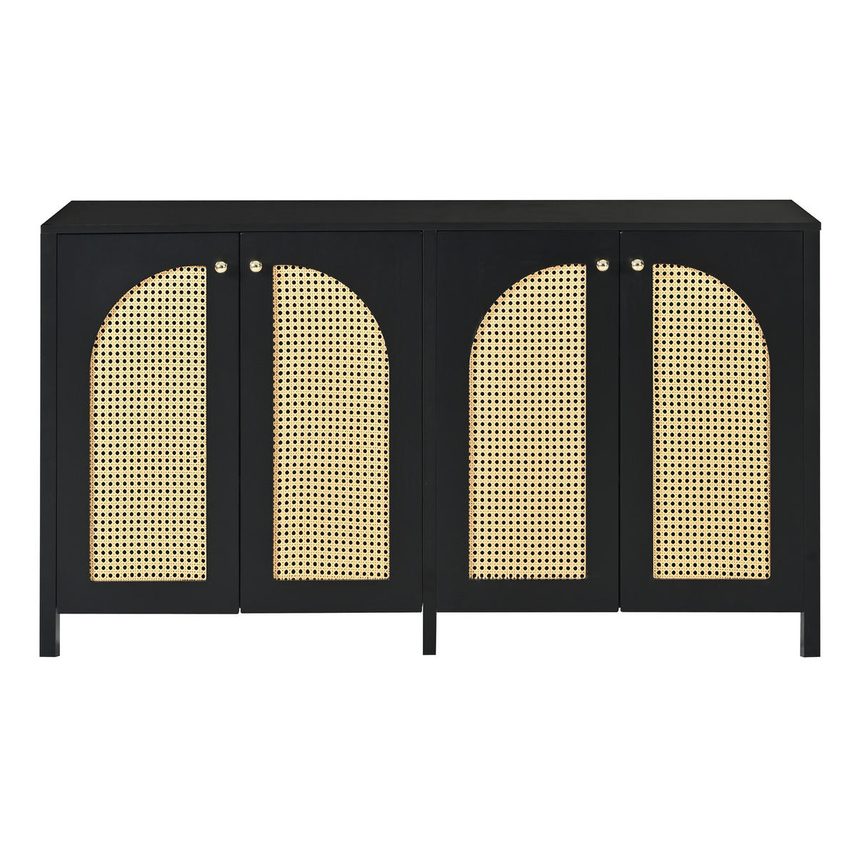 SIDEBOARD 145/40/80 cm Schwarz aus MDF mit 4 Rattantüren - Schwarz, Holzwerkstoff (145/40/80cm) - OKWISH