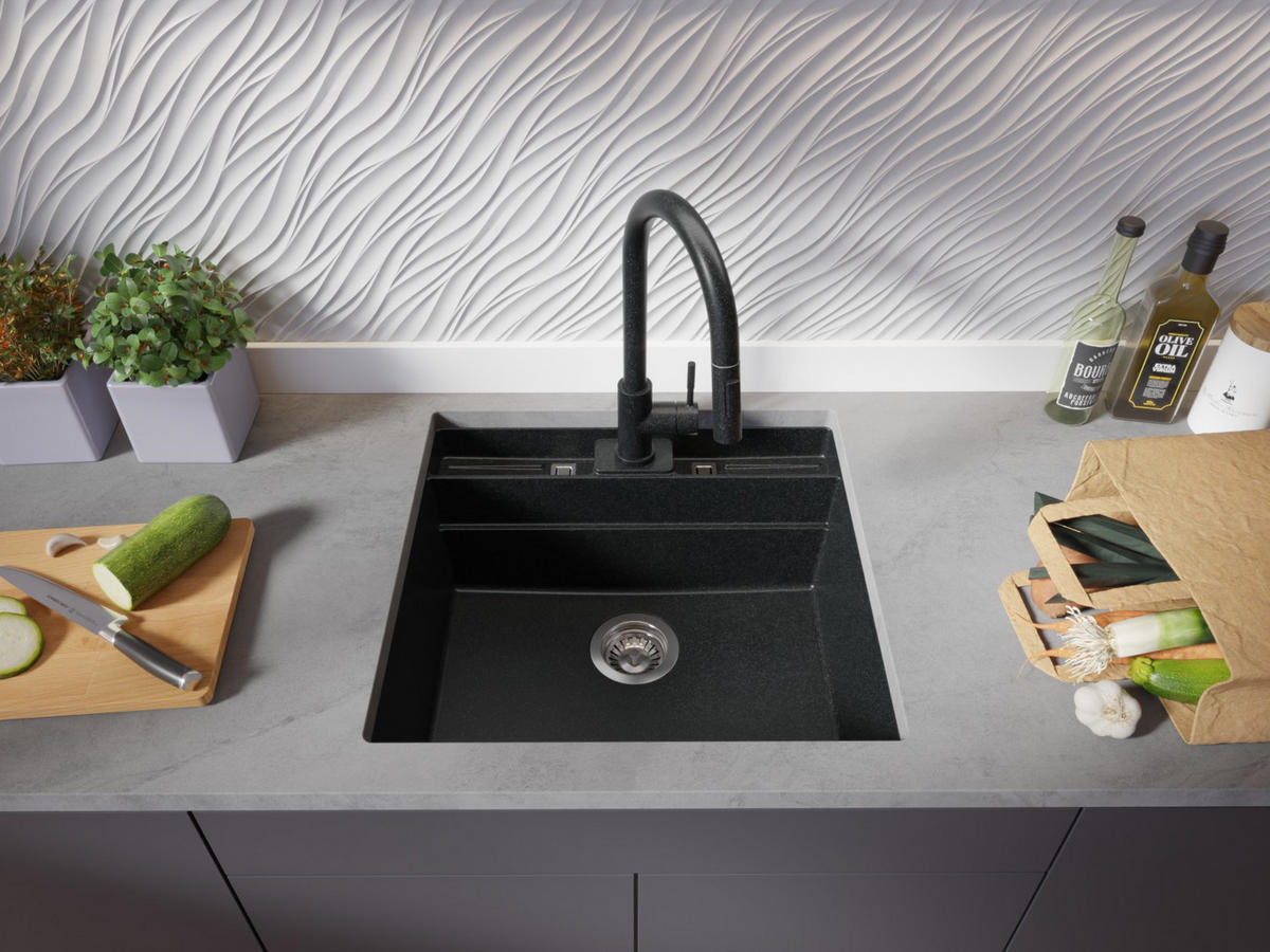 UNTERBAUSPÜLE GRANIT Bergen Pocket, 2-er set Anthrazit 56/54 cm 1 Becken + Ablauf-Set + Küchenzubehörset ab 60er Unterschrank - Chromfarben/Anthrazit, Kunststoff (56/20/54cm) - Primagran